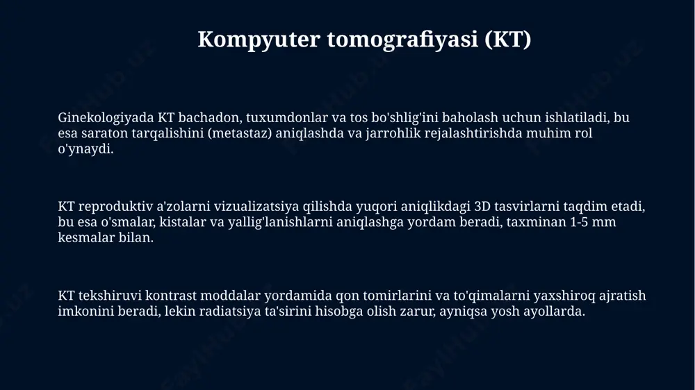 ti va patologiyalari 70-80% aniqlikda ko'rinadi. rentgen tekshiruvi bepushtlik sabablarini aniqlashda ginekologik rentgenografiya, masalan, gisterosalpingografiya (hsg) orqali bachadon naychalarining o'tkazuvchanligini baholashda qo'llaniladi, bu esa 85-90% hollarda aniq tashxis qo'yishga yordam beradi. rentgen nurlari yordamida pelviometriyani amalga oshirish mumkin, bu esa ayol chanoq suyaklarining o'lchamlarini aniqlashga yordam beradi, ayniqsa tug'ish jarayonida muammolar yuzaga kelish xavfi 5-10% bo'lgan holatlarda foydalidir. kirish bu tekshiruvlar, masalan, ultratovush tekshiruvi (utt) va rentgen nurlari kabi, reproduktiv organlarning tuzilishi va funksiyasini baholashga yordam beradi, patologiyalarni aniqlashga imkon beradi. radiologik tekshiruv usullari reproduktiv kasalliklarni aniqlashda muhim rol o'ynaydi, aniq tashxis qo'yish va davolash rejalarini tuzish uchun erta bosqichda aniqlash imkonini beradi. radiologik tekshiruvlar bepushtlik sabablarini aniqlash, homiladorlikni kuzatish va reproduktiv a'zolardagi o'smalarni aniqlash kabi keng ko'lamli klinik vazifalarni hal qilishda qo'llaniladi. magnit-rezonans tomografiya (mrt) mrt reproduktiv kasalliklarda yuqori aniqlikdagi tasvirlarni olish uchun 1,5 dan 3 tesla'gacha bo'lgan magnit maydon kuchidan foydalanadi, bu esa to'qimalarning farqlanishini yaxshilaydi. mrt tekshiruvida …