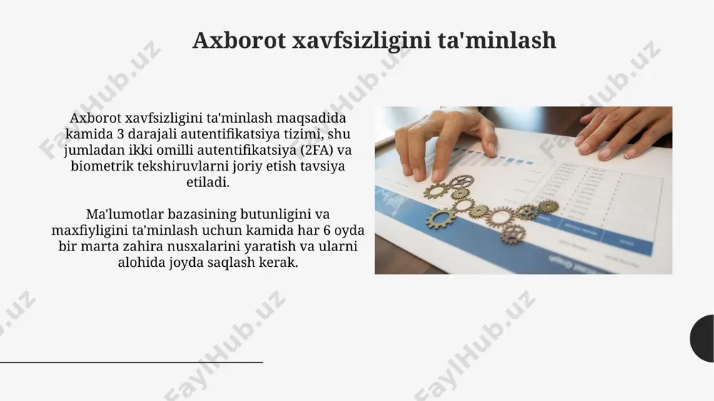 ikatsiya, 2 omilli tasdiqlash va biometrik ma'lumotlardan foydalanish orqali noqonuniy kirishdan himoya qilishni ta'minlaydi. moliyaviy aktivlarni himoya qilish uchun kamida 2 xodimning tasdiqlashini talab qiluvchi operatsiyalarni amalga oshirish, shuningdek, operatsiyalarni avtomatlashtirish va xatoliklarni minimallashtirish uchun maxsus dasturlaridan foydalaniladi. risklarni boshqarish samarali ichki nazorat tizimi, moliyaviy hisobotlarning aniqligi va ishonchliligini ta'minlash maqsadida, kamida 10 ta muhim xatarlarni aniqlash va ularga nisbatan choralar ko'rishni o'z ichiga oladi. xatarlarni boshqarish strategiyasi, xatarlarning ehtimolligi va ta'sirini hisobga olgan holda, 5ta asosiy usulni - oldini olish, qabul qilish, kamaytirish, o'tkazish va qochishni o'z ichiga oladi. operatsiyalar samaradorligini oshirish ichki nazoratning aniq va samarali mexanizmlari korxona faoliyatining barcha bosqichlarida protsesslarni avtomatlashtirish orqali operatsiyalarni 5-10% ga tezlashtiradi. ichki nazorat tizimi operatsiyalarni 15% gacha tezlashtirishi va xatoliklar sonini 20% ga kamaytirishi mumkin, bu samaradorlikni sezilarli darajada oshiradi. xato va firibgarlikning oldini olish ichki nazorat siyosati va protseduralarining aniqligi va samaradorligi korxonaning operatsion samaradorligini oshirib, yillik daromadining 2-5% gacha …