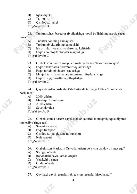 ziyorat obyekti mavjud? a) 144 ta b) 201 ta c) 310 ta d) 118 ta to‘g‘ri javob: b 33. xivada nechta turistik ziyorat obyekti bor? a) 201 ta b) 118 ta c) 144 ta d) 310 ta to‘g‘ri javob: d 34. mintaqaviy turizmda asosiy muammo nima hisoblanadi? a) turistlar sonining ko‘pligi b) resurslar yetishmasligi c) turistik resurslardan foydalanish yo‘qligi d) transport tizimining rivojlanishi to‘g‘ri javob: c 35. yunesko konvensiyasiga ko‘ra, davlatlar nimani bajarmog‘i lozim? a) sayyohlarni sonini oshirish b) tabiiy va madaniy merosni muhofaza qilish c) turizmga sarmoya kiritmaslik d) faqat ichki turizmni rivojlantirish to‘g‘ri javob: b 36. qaysi fan o‘zbekistondagi turizm obyektlarini o‘rganadi? a) iqtisodiyot b) mintaqaviy turizm c) geografiya d) arxeologiya to‘g‘ri javob: b 37. mintaqaviy turizm fanining predmeti nimani o‘rganadi? a) faqat tarixiy obidalarni b) turistik resurslar va ularning ijtimoiy-iqtisodiy xususiyatlarini c) mahalliy aholini d) turizm xarajatlarini to‘g‘ri javob: b 38. mamlakatimizda nechta muzey mavjud? a) 500 …