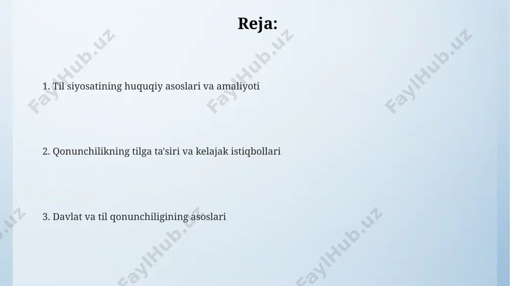 rori bilan o‘zbek tilini rivojlantirish jamg‘armasi tashkil etilgan. uning asosiy maqsadi tilni qo‘llab-quvvatlashdir. o'zbekiston respublikasining konstitutsiyasi, 4-modda, davlat tilining maqomini belgilaydi va uning himoyasi davlat zimmasida ekanligini ta'kidlaydi. 2019-yil 21-oktabrda qabul qilingan "davlat tili haqida"gi qonunning yangi tahriri til siyosatini takomillashtirishga qaratilgan muhim qadamdir. davlat va til qonunchiligining mohiyati davlat tili to'g'risidagi qonunchilik tilni himoya qiladi, uning qo'llanilish sohalarini kengaytiradi va milliy o'zlikni mustahkamlashga xizmat qiladi; bu 1989-yilda qabul qilingan muhim huquqiy hujjatdir. til siyosati 2030-yilgacha mo'ljallangan strategiyalar orqali amalga oshiriladi va bu tilning rivojlanishini, uning xalqaro miqyosdagi nufuzini oshirish va elektron muhitda keng qo'llanilishini ta'minlaydi. ushbu qonunchilikning asosiy maqsadi davlat tilining maqomini belgilash, uni barcha davlat organlarida va tashkilotlarida, jumladan ta'lim sohasida qo'llashni tartibga solishdan iborat. til siyosatining asosiy tamoyillari konstitutsiyaning 4-moddasida davlat tili o'zbek tili ekanligi belgilangan bo'lib, bu til siyosatining asosi hisoblanadi va uning maqomini mustahkamlaydi. til siyosati milliy madaniyatni rivojlantirish, davlat tilining nufuzini oshirish va xalqaro …