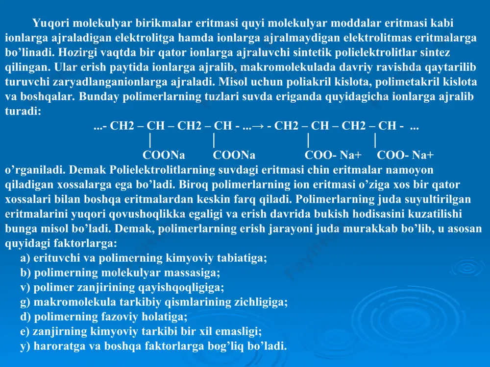bir jinslik; 5). termodinamik barqarorlik va boshqalar. yuqori molekulyar birikmalar bilan quyi molekulyar suyqliklarning bir-biri bilan to’qnashishi natijasida suyuqlikning molekulalari polimer fazasiga osonlik bilan o’ta boshlaydi, mana shu holatda makromolekulalar suyuq fazaga (erituvchi fazasiga) o’tishga ulgurmaydi va natijada polimerning suyuqlikda erishi o’rniga uning bo’kishi boshlanadi. bo’kish jarayonida polimer makromolekulasi suyuqlikni yoki uning bug’larini o’ziga yutib, suyuqlik molekulalari ta;sirida uning hajmi hamda massasi ortadi va natijada o’zining mikroskopik bir jinsliligini yo’qotmagan holda, makromolekulani tuzilishi o’zgarib, u yumshoq, qovushoq va cho’ziluvchan bo’lib qoladi. laboratoriya sharoitida bo’kish jarayoni nabuxametr yordamida, yuqori molekulyar birikmalarning quyi molekulyar suyqliklarni o’ziga yutish (yoki singdirish) jarayoni natijasida polimerlarning hajmiy o’zgarish hodisasiga bo’kish deyiladi. yuqori molekulyar birikmalar sirtidagi g’avak bo’shliqlar va naychalarning suyuqlik bilan to’lishi va makromolekulaning harakatchan qismlarining suyuqlik molekulalari bilan o’zaro ta’siri natijasida ham sirtqi molekulyar va ichki molekulyar qismlarida bo’kish kuzatiladi. chunki, yuqori molekulyar birikmalar quyi molekulyar suyuqliklar bilan to’qnashganda suyuqlik molekulalari polimer makromolekulasiga nisbatan ko’proq …