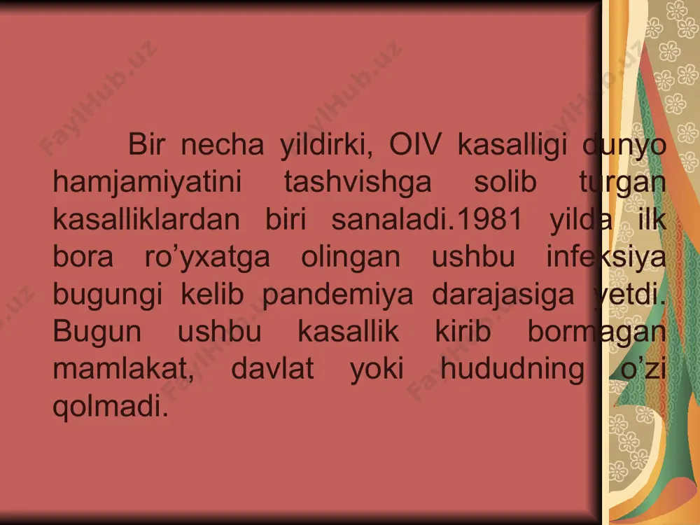 yuqqan shaxslar ro`yxatga olingan. oiv bilan ro`yxatga olingan shaxslarning 60 nafarini chet el fuqarolari tashkil etadi. respublikada jami qayd etilgan 3531 nafar oiv yuqqan shasxlarning 11 nafari 15 yoshgacha bo`lgan bolalardir, 2916 nafari erkaklar va 615 nafarini ayollar tashkil etadi. * * oiv bilan ro`yxatga olingan shaxslarning 473 nafariga kasallik jinsiy yo`l bilan, 1960 nafariga qon orqali,1098 nafariga noaniq yo`l (qaysi yo`l bilan yuqqanligi tekshirilmoqda) bilan yuqqan. respublikamizda oits kasalligi natijasida vafot etganlar soni 101 nafarni tashkil etadi. vafot etganlarning 70 %da atipik pnevmoniya holati aniqlangan. biroq rasmiy statistika virus yuqqanlarning real sonini ko’rsatmaydi, chunki haqiqatda rasmiy ro’yxatdan o’tkazilgan oiv bilan zararlangan bir kishiga shifokorlar tomonidan ro’yxatga olinmagan 5-8 virus tashuvchilari to’g’ri keladi. o`zbekistonda oiv/oitsning tarqalishi ko`lami oiv/oits – organizmning immun tizimi buzilishi natijasida yuzaga keladigan murakkab va o`limga olib boruvchi kasallik. uning kechishini antiretrovirus terapiyasi vositasida sekilnlatish mumkin, biroq davolab bo`lmaydi. bunday davolash hali ham juda qimmatga tushadi. shu …