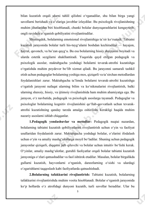 rivojlanishiga ta’sir ko‘rsatadi. tabiatni kuzatish jarayonida bolalar turli his-tuyg‘ularni boshdan kechiradilar — hayajon, hayrat, quvonch, va ba’zan qayg‘u. bu esa bolalarning hissiy dunyosini boyitadi va ularda estetik sezgilarni shakllantiradi. yuqorida qayd etilgan pedagogik va psixologik asoslar, maktabgacha yoshdagi bolalarni tevarak-atrofni kuzatishga o‘rgatishda muhim poydevor bo‘lib xizmat qiladi. bu jarayonni samarali tashkil etish uchun pedagoglar bolalarning yoshiga mos, qiziqarli va ta’sirchan metodlardan foydalanishlari zarur. maktabgacha ta’limda bolalarni tevarak-atrofni kuzatishga o‘rgatish jarayoni nafaqat ularning bilim va ko‘nikmalarini rivojlantirish, balki ularning shaxsiy, hissiy, va ijtimoiy rivojlanishida ham muhim ahamiyatga ega. bu jarayon, o‘z navbatida, pedagogik va psixologik asoslarga tayanadi. pedagoglar va psixologlar bolalarning kognitiv rivojlanishini qo‘llab-quvvatlash uchun tevarak-atrofni kuzatishning qanday tarzda amalga oshirilishi kerakligi haqida muhim nazariy asoslarni ishlab chiqqanlar. 1.pedagogik yondashuvlar va metodlar: pedagogik nuqtai nazardan, bolalarning tabiatni kuzatish qobiliyatlarini rivojlantirish uchun o‘yin va faoliyat usullaridan foydalanish zarur. maktabgacha yoshdagi bolalar, o‘zlarini ifodalash uchun o‘yin va amaliy mashg‘ulotlarga moyil bo‘ladilar. shuning uchun …