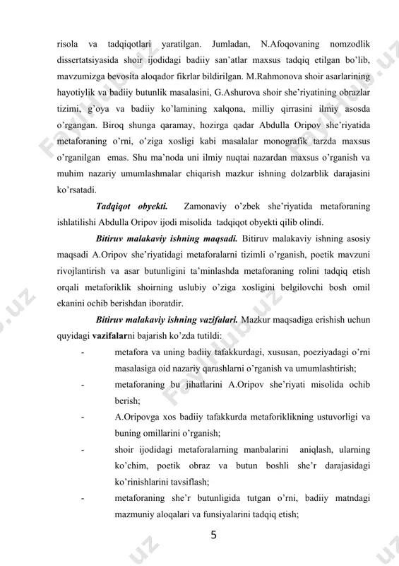 i i.a.karimovning milliy mafkura, milliy g’oya, ma’naviyat va madaniy qadriyatlarga doir nazariy qarashlari, shuningdek adabiyotshunoslardan i.sulton, o.sharafiddinov, u.normarov, s.mamajonov, m.qo’shjonov, n.karimov, b.nazarov, a.rasulov, b.sarimsoqov, n.rahimjonov, i.g’afurov, s.meliyev kabi olimlarning nazariy fikrlari, fundamental tadqiqotlari tashkil etadi. mavzuni tadqiq etishda madaniy-tarixiy, tarixiy-funksional, biografik tahlil metodlaridan foydalanildi. bitiruv malakaviy ishning amaliy ahamiyati. a.oripov ijodida metafora masalasining tizim holida o’rganilgani she’riyatimizda o’tgan asrning 60-yillaridan boshlab kuzatilgan poetik yangilanish omillari, yo’nalish va manbalari haqidagi ilmiy tasavvurlarni kengaytiradi. ayni jihat ishning a.oripov ijodi masalalari, shuningdek, she’r poetikasi, obrazlilik, ijodkor uslubi kabi nazariy muammolar bo’yicha amalga oshirilajak tadqiqotlar uchun manbaviy asos bo’la olishini ta’minlaydi. tadqiqot natijalari va materiallaridan ta’lim tizimida yangi o’zbek adabiyoti tarixi va adabiyot nazariyasi kurslarini o’qitishda, maxsus kurs va seminarlar tashkil qilishda, o’quv adabiyotlari yaratishda manba sifatida foydalanish mumkin. bitiruv malakaviy ishimizning hajmi. bitiruv malakaviy ish ikki bob, kirish, xulosa va foydalanilgan adabiyotlar ro’yxatidan iborat. i.bob. poetik ko’chimlar va ularning guruhlanishi san’atning har qanday …