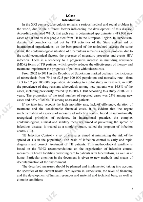 e undoubted success for some items, the epidemiological situation of tuberculosis remains a serious problem, due to the social-economical factors, the presence of migratory processes and events hiv infection. there is a tendency to a progressive increase in multidrug resistance (mdr) forms of tb patients, which greatly reduces the effectiveness of therapy and treatment impairment the prognosis of patients with tuberculosis. from 2002 to 2011 in the republic of uzbekistan marked declines the incidence of tuberculosis from 79.1 to 52.5 per 100 000 population and mortality rate - from 12.3 to 5.2 per 100 000 population. according to a pilot study in tashkent, in 2005 the prevalence of drug-resistant tuberculosis among new patients was 14.8% of the cases, including previously treated up to 60% 1. but according to a study 2010- 2011 years, the proportion of the total number of reported cases was 23% among new cases and 62% of …