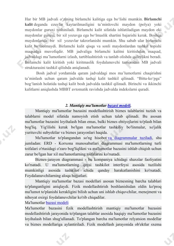 lda ko‘rsatilgan. student faylidagi yozuvning tuzilishi chiziqli bo‘lib, u o‘zgarmas uzunlikdagi yozuvlardan iborat. yozuv maydonlari takrorlanuvchi qiymatlar guruhiga ega emas. maydon qiymatiga murojaat uning nomeri bo‘yicha amalga oshiriladi. fayl nomi student maydon kalit belgisi maydon formati nomni belgilash to‘liq nomlanish (rekvizit) tip uzun- ligi aniq- ligi nomer talaba reyting daftarchasi nomeri * simvol 10 famil talaba familiyasi simvol 10 ismi talaba ismi simvol 8 ota.ismi talaba otasi ismi simvol 10 t_kun talabaning tug‘ilgan sanasi sana 8 o’rta_baho talabaning o‘rtacha bahosi son 3 2 student faylidagi yozuvlar mantiqiy tuzilishini tavsifi har bir mb jadvali o‘zining birlamchi kalitiga ega bo‘lishi mumkin. birlamchi kalit deganda ezuvlar kaytarilmasligini ta’minlovchi maydon (polya) yoki maydonlar guruxi tushiniladi. birlamchi kalit sifatida ishlatiladigan maydon eki maydonlar guruxi, bir xil yozuvga ega bo‘lmaslik shartini bajarishi kerak. boshqa maydonlarida bir xil yozuvlar takrorlanishi mumkin. shu sabab ular birlamchi kalit bo‘laolmaydi. birlamchi kalit qisqa va sonli maydonlardan tashkil topishi maqsadga muvofiqdir. …