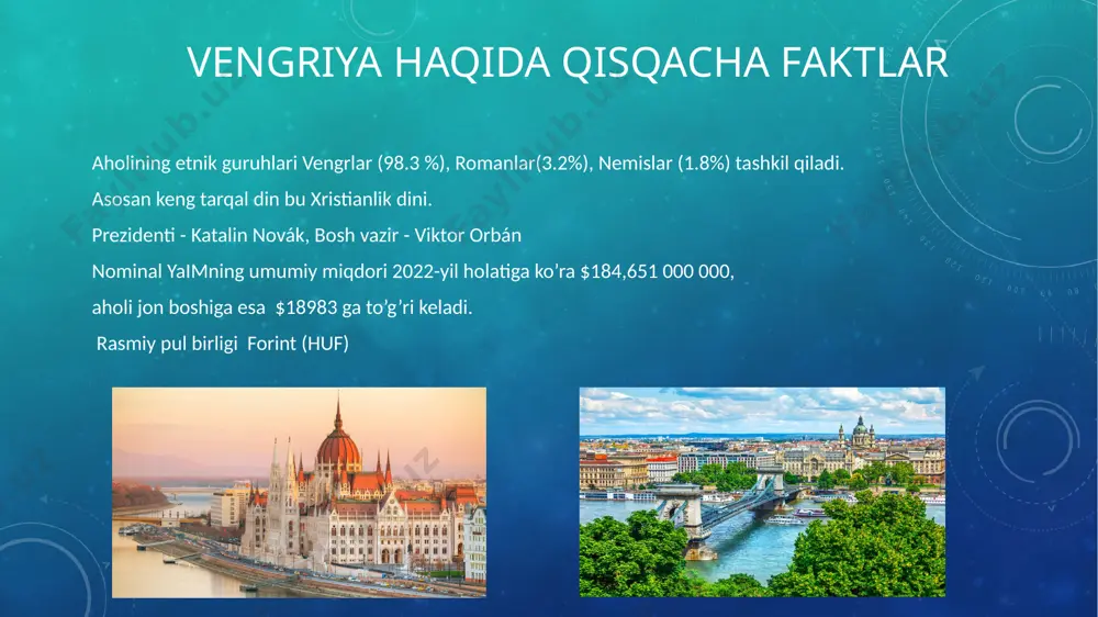 va sharqiy yevropadagi eng yirik elektronika ishlab chiqaruvchisi. elektron ishlab chiqarish va tadqiqot mamlakatdagi innovatsiyalar va iqtisodiy o'sishning asosiy omillaridan biridir. o'tgan 20 yil ichida vengriya ham mobil texnologiyalar, axborot xavfsizligi va tegishli apparat tadqiqlari bo'yicha yirik markazga aylandi. 2017 yilda bandlik darajasi 68,3% ni tashkil etdi, bandlik tarkibi postindustrial iqtisodiyotning xususiyatlarini ko'rsatadi, band bo'lgan ishchi kuchining 63,2% xizmat ko'rsatish sohasida ishlaydi, sanoat 29,7%, qishloq xo'jaligi esa 7,1% hissa qo'shgan. ishsizlik darajasi 2007-2008 yillardagi moliyaviy inqiroz davridagi 11% dan 2017-yilda 4,1% gacha pasaygan. vengriya 508 milliondan ortiq iste'molchiga ega bo’lgan yevropa bozorining bir qismi hisoblanadi. bir qancha ichki savdo siyosatlari yevropa ittifoqi aʼzolari oʻrtasidagi kelishuvlar va yevropa ittifoqi qonunchiligi bilan belgilanadi. vengriya siyosiy aloqalari 1955-yil bmt ( un ) ga a’zosi 1982-yil jahon banki (wb)a’zosi 1990-yil nato (north atlantic treaty organization) a’zosi 1995-yil jahon savdo tashkilotiga (wto)a’zosi 1996-yil iqtisodiy hamkorlik va taraqqiyot tashkiloti (oecd)a’zosi 2004-yil yevropa ittifoqiga (eu) a’zosi tashqi …