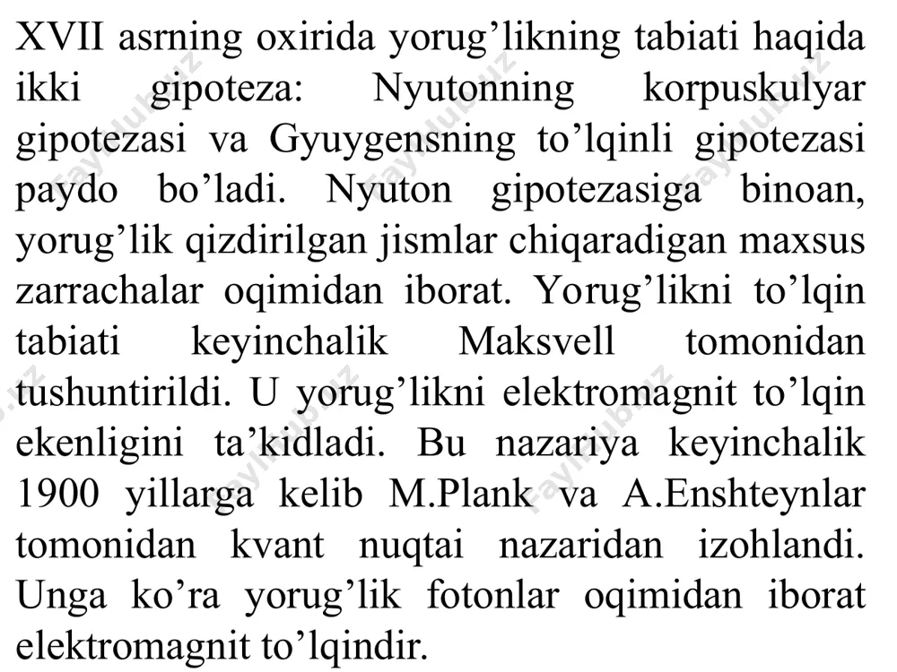 o`lgan linzalar botiq linzalar deb ataladi yupqa linza formulasi кўзнинг оптик системаси ko`zning optik sistemasi odam ko‘zi o‘ziga xos optik asbob bo’lib, u optikada alohida o‘rin tutadi. bu, birinchidan, ko‘p optik asboblarning ko‘z sezishiga mo‘ljallangani, ikkinchidan, odamning (va hayvonning) ko‘zi evolutsiya jarayonida taqsimlashgan biologik sistema sifatida, bionika doirasida optik sistemalarni loyihalash va yaxshilashga doir ba’zi g‘oyalarni vujudga keltirishi bilan tushuntiriladi. ko‘z tibbiyotchilar uchun faqat funksional buzilish va kasallanish qobiliyatiga ega bo‘lgan a’zo hisoblanmay, balki ba’zi ko‘zga taalluqli bo‘lmagan boshqa kasalliklar to‘g‘risidagi axborot manbai hamdir. ko‘z optik sistemasidagi kamchiliklar va ularni bartaraf qilish ko‘zning optik sistemasiga ba’zi kamchiliklar xosdir. akkomodatsiya yo‘qligida normal ko‘zning orqa fokusi to‘r pardaga to‘g‘ri keladi, bunday ko‘zga emmetropik ko‘z deyiladi va bu shart bajarilmaydigan hollarda ametropik ko‘z deyiladi. ametropiyaning eng ko‘p tarqalgan ko‘rinishlari yaqindan ko‘rish (miopiya) va uzoqdan ko‘rish (gipermetropiya) hisoblanadi. yaqindan ko‘rish (miopiya)— ko‘z kamchiligi bolib, akkomodatsiya yo‘qligida orqa fokusning to‘r parda oldida yotishidan iboratdir. yaqindan …