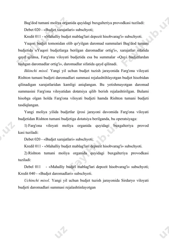 aromad summasini 0‘zbekiston respublikasi respublika budjetidan dotatsiya qilib berish rejalashtirilgan. bularni hisobga olgan holda 0‘zbekiston respublikasi respublika budjeti hamda sirdaryo viloyati budjeti tasdiqlangan. yangi moliya yilida budjetlar ijrosi jarayoni davomida respublika budjetidan sirdaryo viloyati budjetiga dotatsiya berilganda, bu operat-siyaga: 1) o'zbekiston respublikasi moliya vazirligida quyidagi buxgalte- riya provodkasi tuziladi: debet 020 - «budjet xarajatlari» subschyoti; kredit 010 -«respublika budjeti mablag'lari depozit hisobvarag'i» sub​schyoti. 2) sirdaryo viloyati moliya organida quyidagi buxgalteriya provod​ kasi tuziladi: debet 01l - «mahalliy budjet mablag'lari depozit hisobvarag'i» subschyoti; kredit 040 - «budjet daromadlari» subschyoti. yuqorida keltirilgan misollardan ko'rinib turibdiki, budjetni tuzish va tasdiqlash jarayonida ko'zda tutilgan budjetlar o'rtasidagi o‘zaro hisob-kitoblar budjetning daromadlari va xarajatlari hisobi subschyotlarida qayd qilinadi. budjet ijrosi jarayonida vujudga kelgan budjetlar o'rtasida sodir bo'ladigan o'zaro hisob-kitoblar bo'yicha operatsiyalar hisobga olish tartibi o'zgacha bo'ladi. budjet ijrosi jarayonida budjetlar o‘rtasida sodir bo'ladigan o‘zaro munosabatlar: soliqlar va daromadlar to‘g‘risidagi qonunchilikni o'zgarishi; ma’muriy-hududiy bo'linishning o'zgarishi; xo'jalik yurituvchi …