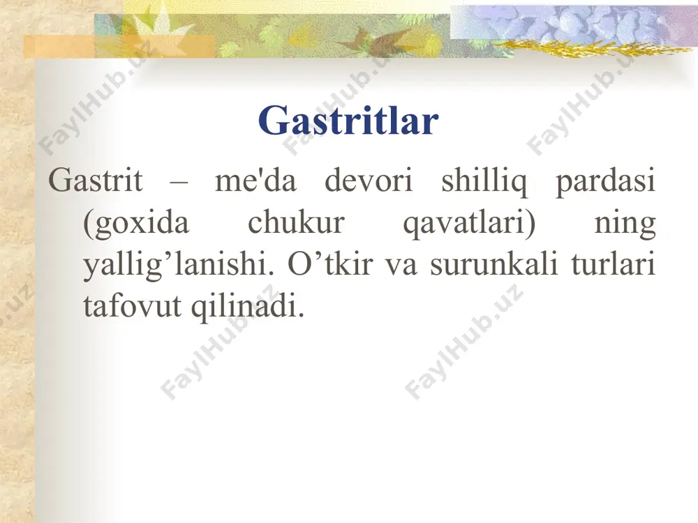 tasi, solkoseril. 5. dispepsiyaga qarshi – serukal, reglan 6. og’riqqa qarshi spazmolitiklar surunkali kimyoviy gastrit davosi o’t kislotalarni neytralizasiya qilish- ursosan 500mg kechki ovqatdan keyin mikrotsirkulyatsiyani yaxshilash – aktovegin 5,0 ml m/o, 1-2 mahal, 10-15 kun profilaktikasi. surunkali gastritning oldini olish ovqatlanish rejimini to’g’ri qo’llashga va ovqat turlarini to’g’ri tanlashga, jamoa ovqatlanishini yaxshilashga, chekishga qarshi kurashishga asoslangan.