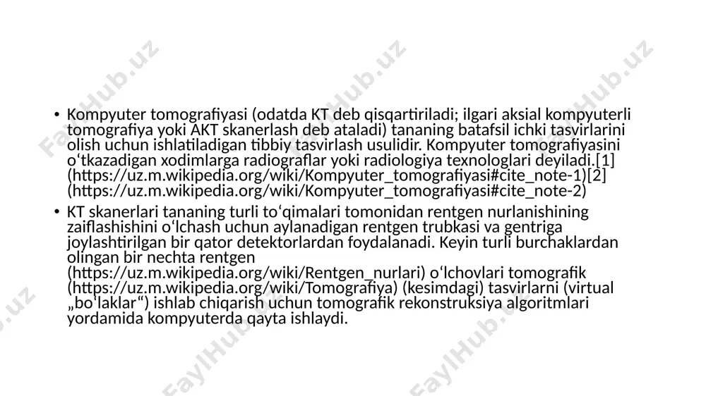 ://uz.m.wikipedia.org/wiki/kompyuter_tomografiyasi#cite_note-19) bu miyada (https://uz.m.wikipedia.org/wiki/bosh_miya) ham qoʻllanilishi mumkin, bu yerda kt perfuzion tasviri odatda anʼanaviy spiral kt yordamida aniqlanmasdan oldin yomon miya perfuziyasini aniqlay oladi.[18] (https://uz.m.wikipedia.org/wiki/kompyuter_tomografiyasi#cite_note-:0-18)[20] (https://uz.m.wikipedia.org/wiki/kompyuter_tomografiyasi#cite_note-:1-20) bu boshqa kt turlariga qaraganda insult (https://uz.m.wikipedia.org/wiki/insult) tashxisi uchun yaxshiroqdir.[20] (https://uz.m.wikipedia.org/wiki/kompyuter_tomografiyasi#cite_note-:1-20) boʻyin kontrastli kt odatda kattalardagi boʻyin massalari uchun tanlovning dastlabki tadqiqotidir. qalqonsimon bezning kt qalqonsimon bez saratonini baholashda muhim rol oʻynaydi. kt tez-tez tasodifan qalqonsimon bez anormalliklarini topadi va koʻpincha qalqonsimon bez anormalliklari uchun afzal qilingan tergov usuli hisoblanadi. etiboringiz uchun raxmat image1.png image2.png /docprops/thumbnail.jpeg