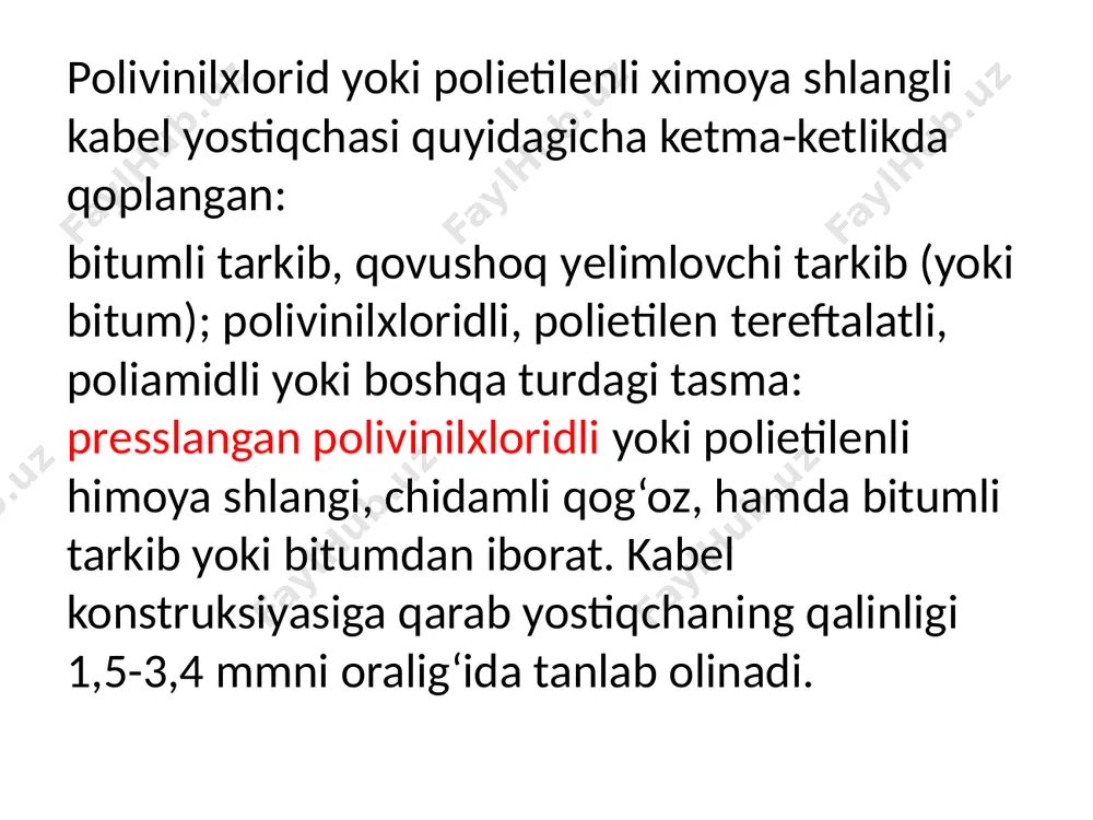 metalni tejash imkonini yaratadi. plastmassa izolyatsiyali kabellarni tayyorlash texnologiyasi, qog‘oz-moy shimdirilgan izolyatsiyali kabellarni texnologik jarayoni ancha sodda va bu turdagi kabellarni ishlatish ancha qulay. metall qobiq qoplash uslublari. qurg‘oshin va alyumin qobiqlarning qoplanishi.himoya qatlamini qoplash uslublari. tasma simon pulat zirx qoplash. himoya qatlam konstruksiyalari va himoya qatlamini qoplashning asosiy texnologik jarayonlari. to‘lqinsimon po‘lat qobig‘li kabel: 1 – polietilen ichak; 2 – polietilen ichak osti yopishtiriluvchi qatlam; 3 – to‘lqinsimon po‘lat qobiq; 4 – alyuminiy ekran; 5 –belbog‘li izolyasiya; 6-tok o‘tkazgich simlar. nazorat savollari. kabel simlari deb nimaga aytiladi? tok o’tkazish simlari qanday materiallardan tayyorlanadi? muxofazalovchi qoplam turlariga nimalar kiradi? kabel simlarini o‘rash turlari qanday? izolyatsiya ustidagi ekran qanday konstruksiyaga ega? image1.emf image2.emf image3.png himoya qoplami nomlanishi konstruksiya qismi yostiqcha zirx bg odatdagi (normal) ikki po‘lat tasmali blg kuchaytirilgan -//- -//- pg odatdagi (normal) yassi ruxlangan po‘lat simli pag kuchaytirilgan -//- -//- b2pg juda kuchaytirilgan ikki po‘lat tasmali p2lg -//- yassi …