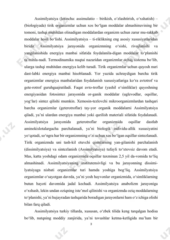 . assimilyatsiya anabolizm jarayoniga oʻxshash, lekin undan oziqning iste’mol qilinishi va organizmda oziq moddalarning toʻplanishi, ya’ni hujayradan tashqarida boradigan jarayonlarni ham oʻz ichiga olishi bilan farq qiladi. assimilyatsiya turkiy tillarda, xususan, o‘zbek tilida keng tarqalgan hodisa bo‘lib, nutqning moddiy zanjirida, ya’ni tovushlar ketma-ketligida ma’lum bir belgiga ko‘ra ikkita noo‘xshash undoshning so‘zlovchining talaffuz qulayligiga intilishi tufayli o‘xshash undoshga aylantirilishidir. ko‘rinadiki, muayyan leksema tarkibida ma’lum belgi asosida zidlanuvchi ikki undosh talaffuz noqulayligini bartaraf qilish harakati tufayli zidlanish belgisini yo‘qotadi, bir xil undoshlarga aylanadi. natijada leksemaning og‘zaki so‘zlashuv varianti – uslubiy varianti maydonga keladi. masalan, tarnov- tannov, shirmoy non- shirmonnon, badtar- battar kabi. metateza metateza har qanday tilning ham diaxron, ham sinxron holati uchun mansubdir. bunday holatdan o‘zbek tili ham mustasno emas. o‘zbek tilida metateza shu tilning ikki davr oraliѓidagi leksema nomemasining o‘zgaruviga olib kelishi mumkin. masalan, o‘granmoq- o‘rganmoq, yog‘mir-yomg‘ir. shu bilan birgalikda, metatezaga uchramagan variant ham hozirgi kunda ayrim o‘zbek dialektlarida saqlanayotgan …
