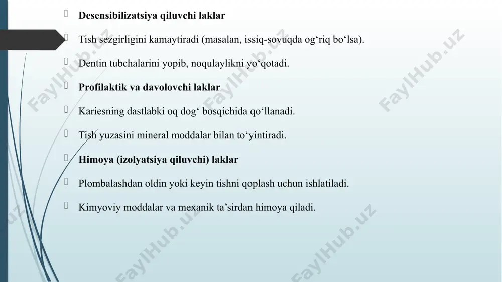 zlashdan so‘ng tish yuzasini tashqi ta’sirlardan saqlaydi. stomatologiyada ishlatiladigan laklarning turlari ftoridli laklar eng ko‘p qo‘llaniladigan laklar. tish emalini ftor bilan to‘yintiradi, uni qattiq va mustahkam qiladi. bolalarda kariesning oldini olishda juda samarali. misol: duraphat, fluor protector. kalsiy va fosforli laklar emal va dentinning mineral tarkibini tiklaydi. kariesning dastlabki oq dog‘ bosqichida qo‘llaniladi. tishlarni remineralizatsiya qiladi. antibakterial laklar tarkibida antiseptik moddalar bo‘ladi (masalan, xlorheksidin). milk yallig‘lanishida, gingivit va stomatitda ishlatiladi. mikroblarning ko‘payishini sekinlashtiradi. desensibilizatsiya qiluvchi laklar tish sezgirligi yuqori bo‘lganda qo‘llaniladi. issiq, sovuq, shirin va nordon ta’sirida og‘riqni kamaytiradi. naychalarni yopib, dentin himoyasini kuchaytiradi. himoya va izolyatsion laklar plombalashdan oldin yoki keyin tish yuzasiga surtiladi. kimyoviy moddalardan va mexanik ta’sirdan saqlaydi. tish yuzasini silliq qiladi. maxsus davolovchi laklar ayrim hollarda antibiotik, vitamin yoki ozuqa moddalar bilan boyitilgan bo‘ladi. periodontit va boshqa kasalliklarda qo‘llaniladi. laklarning qo‘llanish sohasi bolalar stomatologiyasida (sut tishlari va doimiy tishlarning chiqish davrida). kariesning dastlabki bosqichida (oq dog‘ …