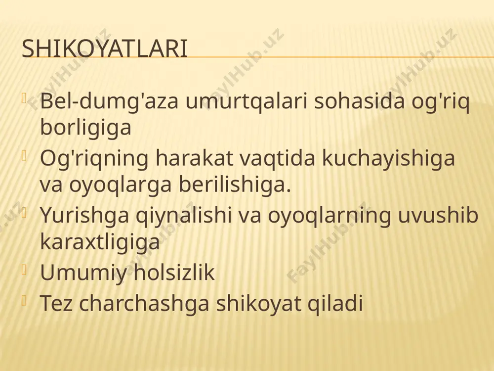 ollarga aniq va to'g'ri javob beradi. harakatlari aniq, parez, paralichlar yo'q bosh miya nervlari o'zgarishsiz patologik reflekslar aniqlanmadi. dastlabki diagnoz: bel umurtqalari osteo-xondrozi tekshirish rejasi laborator instrumental umumiy qon tahlili qon biokimyoviy tahlil siydik tahlili axlat tahlili qon ivish ko'rsatkichi ko'krak qafasi rentgenografiyasi bel- dumg'aza sohasi mskt ekg, exokg jigar, taloq uttsi nevrolog konsultatsiyasi kursatkichlar natija norma umumiy bilirubin 2,2 1,1-18,8mkmol/l umumiy protein 69,8 65-80g/l alt 39,4 a=do32me/l e=do42me/l ast 32,7 a=do31 e=37 skf 94 80-125 ml kreatinin 88,0 44-106mkmol/l mochevina 9,7 2,8-8,3 mmol/l glyukoza 10,7 4,2-6,4mmol/l triglitserid 3.31 1,17 bioximicheskiy analiz krovi qon taxlil kursatkichlar natija norma glyukoza (tongi) 9,1 mmol/l 4,2-6,4 glyukoza (1 soat) 16,1 mmol/l ≤ 8,2 glyukoza (2 soatdan sung) 18,0 mmol/l ≤ 7,0 siydik tahlili ko'rsatma natija norma miqdori 100ml 100ml rangi somon rangda somon rang tiniqligi tiniq tiniq solishtirma og'irligi 1024 1012-1024 oqsil - - glukoza - - epiteliy 2-4 2-5 eritrosit - - …