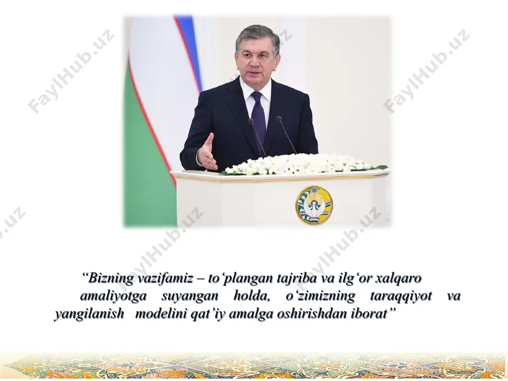 иш, кўриб чиқишнинг ҳуқуқий асосларини белгилаш ишонч телефони «халқ қабулхонаси» институтининг умумий қоидаларини белгилаш халқ қабулхонаси мурожаатларни кўриб чиқиш ва натижаларини эълон қилиш қонун устуворлигини таъминлаш ва суд-ҳуқуқ тизимини янада ислоҳ қилиш 1.миллий валюта ва нархларнинг барқарорлигини таъминлаш, валютани тартибга солишнинг замонавий бозор механизмларини босқичма-босқич жорий этиш, 2.маҳаллий бюджетларнинг даромад базасини кенгайтириш, 3.ташқи иқтисодий алоқаларни кенгайтириш, экспортга мўлжалланган маҳсулот ва материаллар ишлаб чиқариш учун замонавий технологияларни жорий этиш, 4.кўп тармоқли фермер хўжаликларини ривожлантириш, шунингдек туризм индустриясини жадал ривожлантириш назарда тутилмоқда. “иқтисодиётни янада ривожлантириш ва либераллаштириш” йўналиши 2017-2021 йилларда умумий қиймати 40 миллиард ақш доллари миқдоридаги 649 та инвестиция лойиҳасини назарда тутувчи тармоқ дастурларини рўёбга чиқариш режалаштирилмоқда. натижада кейинги 5 йилда саноат маҳсулотини ишлаб чиқариш 1,5 баравар, унинг ялпи ички маҳсулотдаги улуши 33,6 фоиздан 36 фоизгача, қайта ишлаш тармоғи улуши 80 фоиздан 85 фоизгача ошади. 2,97 млрд $ 20та лойиҳа 3 млрд $ 27та лойиҳа 1 млрд $ иқтисодиётни ривожлантириш ва …