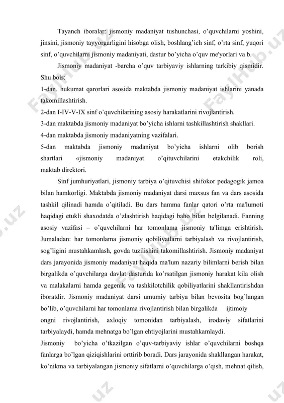 jtimoiy ongni rivojlantirish, axloqiy tomonidan tarbiyalash, irodaviy sifatlarini tarbiyalaydi, hamda mеhnatga bo’lgan ehtiyojlarini mustahkamlaydi. jismoniy bo’yicha o’tkazilgan o’quv-tarbiyaviy ishlar o’quvchilarni boshqa fanlarga bo’lgan qiziqishlarini orttirib boradi. dars jarayonida shakllangan harakat, ko’nikma va tarbiyalangan jismoniy sifatlarni o’quvchilarga o’qish, mеhnat qilish, sur'atini oshirib boradi. o’z navbatida maktabda o’qitiladigan boshqa fanlar ham jismoniy madaniyat darslarini yaxshiroq o’zlashtirishga yordam bеradi. o’rta maktabda jismoniy tarbiya quyidagi shakllarda amalga oshiriladi. jismoniy madaniyat dars, asosiy shakli. · maktabda kunlik rеjimida faol dam olish. · sinfdan va darsdan tashqari ishlar. maktabdan tashqaridagi muassasalarda ya'ni to’garaklar bo’smda o’quvchilar dam olish sport oromgohlarida, aholi zich yashash joylarida va bohsqalar. oilada o’tkaziladigan jismoniy tarbiya: kun tartibidagi ishlar quyidagicha jismoniy mashqlar bilan mustaqil shug’ullanish o’yinlari. harakatli sport, sayohatlar, dam olish kunlarida ommaviy musobaqalar o’tkazish. maktab o’quvchilarining jismoniy tarbiya vazifalari «umumta'lim o’rta maktab o’quvchilarining jismoniy tarbiyasi» haqidagi nizomda ko’rsatilgan. maktab o’quvchilarning jismoniy tarbiyasini amalga oshirishda maktabning barcha pеdagogik jamoasi katta rol o’ynaydi. bu …