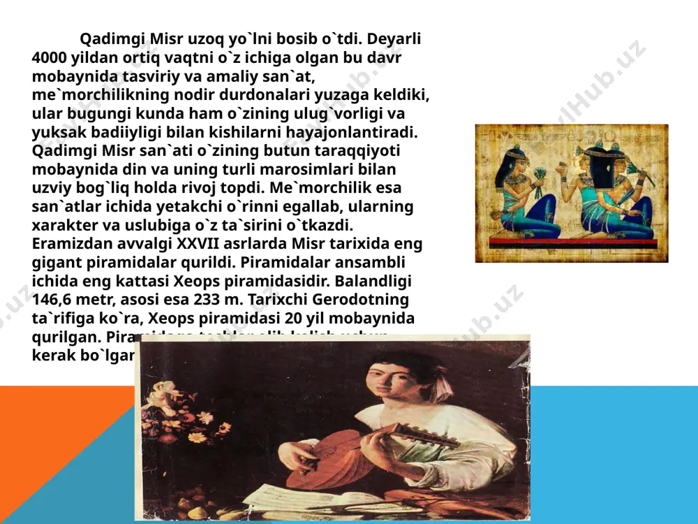 yillaridan boshlab misr yerlarining parchalanishi san`at taraqqiyotini bir muncha susaytirdi. misr ijtimoiy hayotidagi jonlanish eramizdan avvalgi vii asrlarda boshlandi. lekin bu uzoqqa cho`zilmadi. eramizdan avvalgi vi asrlarda eronliklar, so`ngra er.av. iv asrda aleksandr makedonskiy tomonidan misr yerlarining bosib olinishi uning o`ziga xos san`atida asta-sekin so`nish va ellin dunyosi san`ati bilan qo`shilib ketishiga sabab bo`ldi. misr san`ati umumjahon san`ati taraqqiyoti jarayonida alohida o`ziga xos qaytarilmas o`rinni egallaydi. qadimgi misrning yuksak did va aql zakovat, bilim bajarilgan nodir san`at namunalari esa insoniyat badiiy maktabining ajoyib durdonasi hisoblanadi. bu namunalar o`zidan keyingi jahon san`ati taraqqiyoti uchun taqlid maktabini o`tadi. gretsiya, rim xalqlari bu san`atdan bahramand bo`lib, uni har tomonlama o`rgandilar, davrga mos asarlar yaratish imkoniyatiga ega bo`ldilar. image14.jpeg image15.jpeg image16.jpeg image17.jpeg image18.jpeg image19.jpeg image20.jpeg image21.jpeg image22.jpeg image23.jpeg image24.jpeg image25.jpeg image26.jpeg image27.jpeg image28.jpeg image4.jpeg image7.jpeg