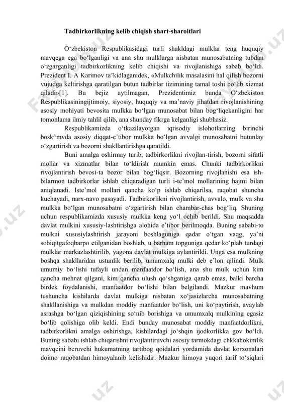 a alohida e’tibor berilmoqda. buning sababi-to mulkni xususiylashtirish jarayoni boshlaguniga qadar o‘tgan vaqg, ya’ni sobiqitgafoqbarpo etilganidan boshlab, u barham topguniga qedar ko‘plab turdagi mulklar markazlashtirilib, yagona davlat mulkiga aylantirildi. unga esa mulkning boshqa shakllaridan ustunlik berilib, umumxalq mulki deb e’lon qilindi. mulk umumiy bo‘lishi tufayli undan manfaatdor bo‘lish, ana shu mulk uchun kim qancha mehnat qilgani, kim qancha ulush qo‘shganiga qarab emas, balki barcha birdek foydalanishi, manfaatdor bo‘lishi bilan belgilandi. mazkur mavhum tushuncha kishilarda davlat mulkiga nisbatan xo‘jasizlarcha munosabatning shakllanishiga va mulkdan moddiy manfaatdor bo‘lish, uni ko‘paytirish, avaylab asrashga bo‘lgan qiziqishining so‘nib borishiga va umumxalq mulkining egasiz bo‘lib qolishiga olib keldi. endi bunday munosabat moddiy manfaatdorlikni, tadbirkorlikni amalga oshirishga, kishilardagi jo‘shqin ijodkorlikka gov bo‘ldi. buning sababi ishlab chiqarishni rivojlantiruvchi asosiy tarmokdagi chkkahokimlik mavqeini beruvchi hukumatning tartibog qoidalari yordamida davlat korxonalari doimo raqobatdan himoyalanib kelishidir. mazkur himoya yuqori tarif to‘siqlari hamda xorijiy raqobatni qisman cheklash yoki to‘liq oldini olishga qaratilgan o‘z …