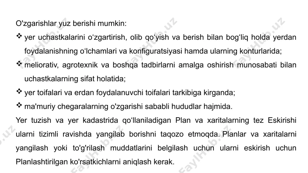 kitob varaqlari, jadvallar va boshqalar). tayyorgarlik ishlari tuzatishni talab qiladigan planlar (xaritalar) va tuzatishda foydalaniladigan boshqa hujjatlar va materiallarni tanlash va tayyorlashdan iborat. planni tuzatish bo'yicha dala ishlari hududni tekshirish (razvedka) bilan boshlanadi, bu tuzatilgan planni hudud bilan sinchkovlik bilan taqqoslashdan iborat. hududni tekshirishda quyidagi ishlar amalga oshiriladi. 1. plandagi o'zgartirilgan nomlarni to'g'rilang. 2.suratga olinadigan kontur va massivlarni aniqlang. 3. otishma asosini qurish uchun kontur sxemalari, ya'ni. planda tadqiqotni asoslash uchun mo'ljallangan qurilish turi to'g'risida eslatma qilinadi (tadqiqot yo'nalishini, uchburchaklar zanjirini yotqizish, geometrik tarmoqni qurish yoki chiziqli yo'llarni yotqizish, o'zgarmagan vaziyat nuqtalarining holatini aniqlash) yerning tabiati va vaziyatning o'zgarish darajasi, ularning tarqoq tabiati, geodeziya tarmoqlari punktlarining mavjudligi, ob-havo sharoitlariga qarab. 4.ochilgan kontur va massivlarni (teodolit, shkala, o'lchash moslamasi bilan) tortish usullarini aniqlang. tuzatish geodezik ishlarning mustaqil turi bo'lsa-da, u yer tuzish va melioratsiya ishlari bilan bir vaqtda amalga oshirilishi mumkin. yer planlarini tuzatishda o'lchash usullari. tuzatishning to'g'riligi ko'p jihatdan tuzatish …
