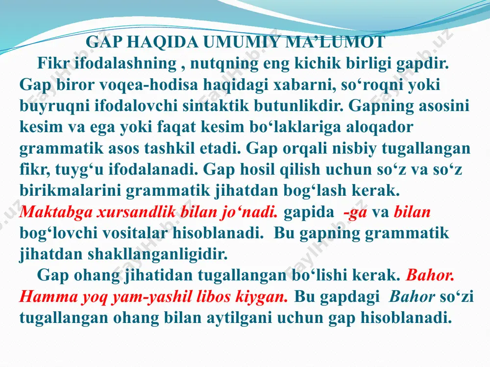 (tashviq) qo‘rqqan bo‘lsa kerak! (gumon) yo‘qol! chiqib ket! (do‘q) yozuvda buyruq gaplarning oxiriga ko‘pincha undov belgisi, ohangiga qarab esa nuqta ham qo‘yilishi mumkin: kitobni o‘qiy qoling. 4. istak gaplarda biror-bir narsa haqida istak, xohish, orzu kabi tuyg‘ular aks ettiriladi. bunday gaplarning kesimi shart maylidagi ( -sa qo‘shimchali) fe’llar bilan ifodalangan bo‘ladi: qani, hamma shunday o‘ylasa. bugun bir dam olsak. ba’zan 3-shaxs buyruq-istak mayli shakli (-sin) orqali istak gap hosil qilinadi: niyatimiz amalga oshsin. istak gaplar oxiriga (.) nuqta qo‘yiladi. gapning his-hayajon ishtirokiga ko‘ra turlari 1.his-hayajonli (undov) gaplar inson ruhiyati bilan bog‘liq bo‘lgan tuyg‘ular – quvonch, shodlik, taajjub, qayg‘u, afsuslanish, qo‘rqinch singari tuyg‘ularni ifodalaydi va oh, eh, uh, o, uf, obbo singari undovlar, qanday, qancha, naqadar, shunday kabi so‘zlar yoki faqat his-hayajon ohangi bilan hosil bo‘ladi: eh, bahorning gashtiga nima yetsin! tog‘ havosi naqadar sof! qanday ajoyib manzara! his-hayajon ohangi bilan aytilgan darak, so‘roq, buyruq gaplar his-hayajon gapga aylanadi: dars bo‘lmayapti. …