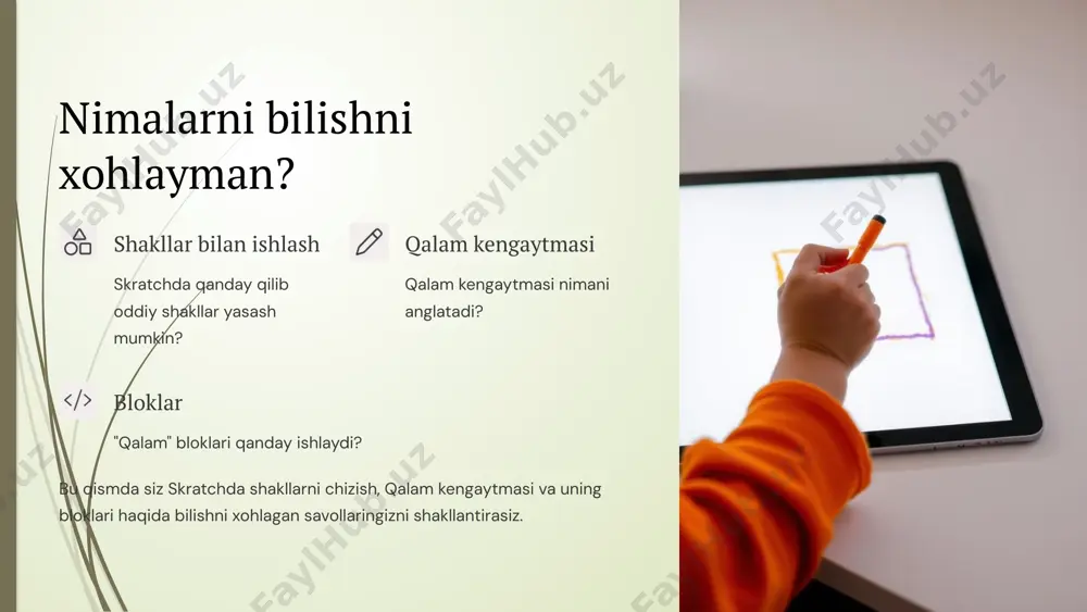 asi qalam kengaytmasi nimani anglatadi? bloklar "qalam" bloklari qanday ishlaydi? bu qismda siz skratchda shakllarni chizish, qalam kengaytmasi va uning bloklari haqida bilishni xohlagan savollaringizni shakllantirasiz. 3 qalam kengaytmasi kiritish qalam kengaytmasini skratch loyihasiga qo'shish. funksiyalari sprait izidan chizish, rangini va qalinligini o'zgartirish. afzalliklari vizual san'at va geometrik shakllar yaratish. qalam kengaytmasi skratchga chizish qobiliyatini qo'shadi. bu orqali spraitlar ekranda iz qoldirib, shakllar yaratishi mumkin. 4 asosiy qalam bloklari qalamni tushirish chizishni boshlaydi. qalamni ko'tarish chizishni to'xtatadi. rangi o'zgartirish qalam rangini belgilaydi. qalinligi o'zgartirish qalam chizig'ining qalinligini o'rnatadi. bu bloklar sizga o'z rasmlaringizni chizish va ularni harakatlantirish imkoniyatini beradi. har bir blokning o'ziga xos vazifasi bor. 5 geometrik shakllar chizish kvadrat har bir tomoni teng, burchaklari 90 daraja. uchburchak uchta tomoni va uchta burchagi bor. aylana spraitni kichik qadamlarda aylantirish orqali. qalam kengaytmasi yordamida kvadrat, uchburchak va aylana kabi shakllarni osongina chizishingiz mumkin. 6 bildim! nazariy bilimlarni mustahkamlash qalam kengaytmasi …