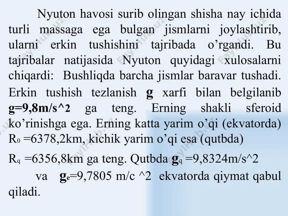 nosabatdan topiladi: , cos sin 0 0 tgd dv dv v v tg x y  bundan a ekanligi kelib chiqadi. tushish nuqtasidagi jismning tezligi ,sincos 0 22 0 22 0 22 vdvdvvvv yx  bo’ladi. troektoriyaning eng yu qori nuqtasining egrilik radiusi r qanday xisoblanishini ko’rib chiqaylik. bu nuqtada markazga intilma tezlanish erkin tushish tezlanishga teng bo’ladi, ya’ni ga n  . uz navbatida r v a x n 2  bulganligidan, grv x  deb yozish mumkin. qo’yidagi 3–rasmdan foydalansak . 2 2 sin 0 0 0 0 r h gr gh gr av v v v v tga x y x y  bundan atg h r 2 2  , topish mumkin. topshiriq savollari. 1. jismning erkin tushishi. 2. gorizontal otilgan jismning xarakatini tushintirib bering. 3. gorizontga nisbatan burchak ostiga otilgan jism xarakatini chizma va formulalar orqali tushintiring. /docprops/thumbnail.jpeg