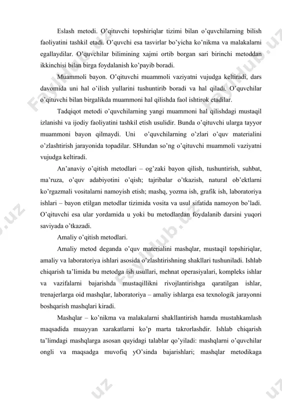 ifalarni bajarishda mustaqillikni rivojlantirishga qaratilgan ishlar, trenajerlarga oid mashqlar, laboratoriya – amaliy ishlarga esa texnologik jarayonni boshqarish mashqlari kiradi. mashqlar – ko’nikma va malakalarni shakllantirish hamda mustahkamlash maqsadida muayyan xarakatlarni ko’p marta takrorlashdir. ishlab chiqarish ta’limdagi mashqlarga asosan quyidagi talablar qo’yiladi: mashqlarni o’quvchilar ongli va maqsadga muvofiq yo’sinda bajarishlari; mashqlar metodikaga asoslanishi, tizimli, izchil, uzluksiz bo’lishi va takrorlanishi; o’quvchilarning ishdagi mustaqilligi muntazam rivojlanib borishi kerak. onglilik va maqsadga muvofiklik mashqlarni bajarishdagi eng muhim talabdir. o’quvchilar mashqni nima uchun kerakligini aniq tasavvur qilishlari va maqsadga erishishga faol intilishlari lozim. urganiladigan meznat jarayonlarining ilmiy-texnik asoslarii bajarish yullari, ishda uchraydigan xatolarni bilish o’quvchilarga urganilayotgan xarakatlarni uzlashtirish imkonini beradi. onglilik va maqsadga muvofiklik ko’nikmalar shakllanishining dastlabki paytlarida ayniksa katta ahamiyatga ega. o’quvchilar mashq natijalaridan dovdirab kolmasliklari uchun o’qituvchi, usta ularning kiyinchiliklardan, kiyinchiliklarni engish yullaridan ogoxlantiradi. mashqlar muvaffakiyatli utishi uchun o’qituvchi o’quvchilarning tegishli natijalarga erishishdagi intilishlarini kullab kuvvatlashi kerak. mashqlarni tobora kiyinlashtirib borish zarur. ko’nikmalarn …