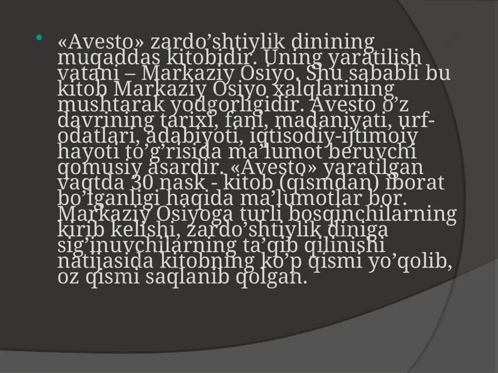 o‘z xatti-harakatida yaxshi fikr va yaxshi so‘zlarda ilgari surilgan barcha ijobiy yo‘l-yo‘riqlarga og‘ishmay amal qilish nazarda tutiladi. «avesto»da naslning pokligi, tozaligiga ham alohida e’tibor berilgan, qattiq nazorat qilingan, qarindosh-urug‘, aka-ukaning quda-anda bo‘lishi qoralangan. hozirgi medisina fani aka-uka, yaqin qarindoshlar o‘rtasidagi qudachilik munosabatlari kelajak avlodning sog‘lom, to‘la-to‘kis bo‘lib tug‘ilishiga salbiy ta’sir ko‘rsatishini to‘liq aniqlagan. buni esa bizning ajdodlarimiz allaqachon aniqlaganlari hozirgi zamon kishisini lol qoldiradi. qolaversa, yaqin kishilarning nikoh masalalarida ma’naviy jihatlar ham borki, bunga inson qalbi yo‘l bermasligi kerak. ko‘rinadiki, o‘rta osiyoda keng tarqalgan qadimiy zardushtiylikda oila va nikoh masalalari, inson muammosiga katga ahamiyat berilgan. insonning jismoniy va ma’naviy pokligi zardushtiylik axloqining eng qadimiy talablaridandir. oila va nikoh yaratguvchining talabiga mos kelganligi bois uni buzish taqiqlangan. agarda oilada er yoki xotin axloqsizlik, ya’ni buzuqchilik gunohi sodir etsa, unday kishilar tayoq bilan jazolangan. shu orqali oila mustahkamligi uchun kurashganlar. zardushtiylik ta’limotidan ko‘rinib turibdiki, sharqda qadimdan oila muqaddas hisoblangan. uni mustahkamlab, darz …