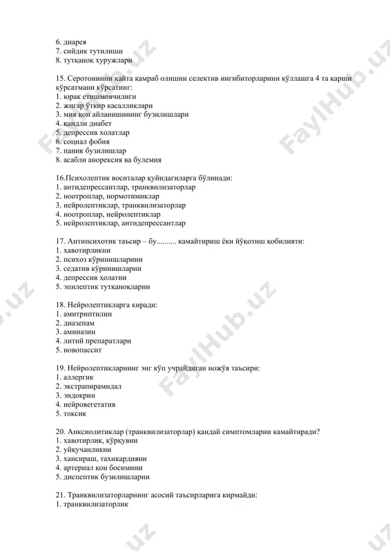 . тезкор психик реакциялардан 5. юқори диққатли иш қобилиятидан 23. транквилизаторларни юқори дозаларда қўллаганда ривожланиши мумкин: 1. соқов ўпка 2. анафилактик шок 3. дори аллергияси 4. дорига қарамлик 5. “бекор қилиш” синдроми 24. транквилизаторларни қўллашга монелик қилмайдиган жавобни кўрсатинг: 1. ёпиқ бурчакли глаукома 2. миастения 3. алкоголь суиъестемол қилиш 4. жигар фаолиятининг бузилиши 5. ҳомиладорликнинг биринчи триместри 25. транквилизаторларга киради: 1. амитриптилин, фенозепам 2. диазепам, оксазепам 3. супрастин, диазолин 4. имипрамин, супрастин 5. диазолин, фенобарбитал 26. қисқа таъсирли транквилизаторлар қабул қилишни кескин тўхтатиш нимага олиб келади? 1. дори аллергиясига 2. дорига қарамликка 3. брадикардияга 4. юрак тўхташига 5. “бекор қилиш” синдромига 27. транквилизаторларни хаддан ташқари кўп истеъмол қилганда одатда ривожланади: 1. психо-эмоционал қўзғалувчанлик 2. қурқув, хавотирлик 3. тормозланиш, чуқур уйқу 4. деменция, уйқусизлик 5. маниакал психоз 28. бензодиазепинларни алкоголь билан бирга қўлланганда седатив таъсирлар: 1. кучайиши мумкин 2. сусайиши мумкин 3. ўзгармайди 4. баъзида сусаяди 5. баъзида кучаяди 29. амитриптилин …