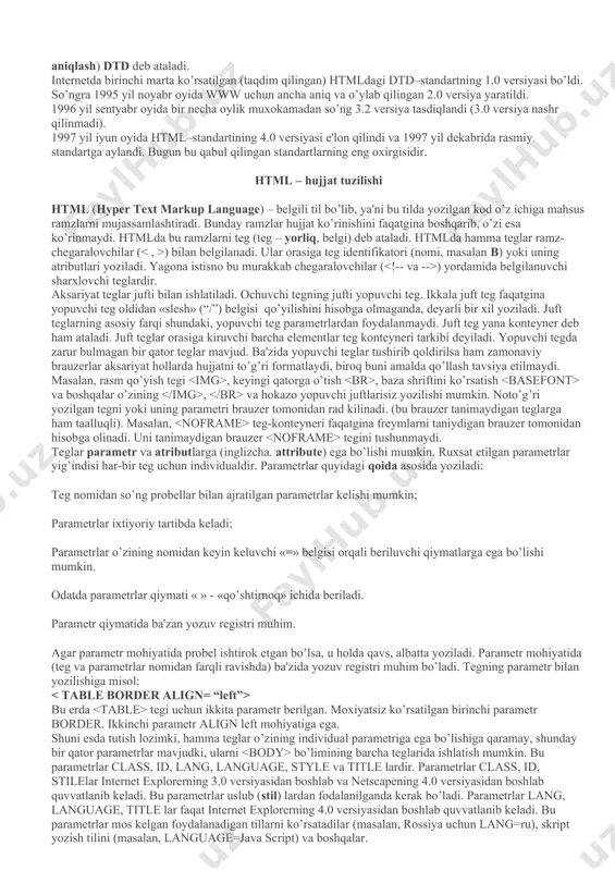 hujjatning tuzilishini ifodalovchi uncha murakkab bo`lmagan buyruqlar majmuidan iborat. html buyruqlari orqali matnlarni istagancha shaklini o`zgartirish, ya'ni matnning ma'lum bir qismini ajratib olib boshqa faylga yozish, shuningdek boshqa joydan turli xil rangli tasvirlarni qo`yish mumkin. u boshqa hujjatlar bilan bog`laydigan gipermatnli aloqalarga ega. 90-yillarning o’rtalarida internet tarmog’ining eksponentsial o’sishi oqibatida html tili ommaviy tus oldi. bu vaqtga kelib, tilni standartizatsiyalash zarurati tug’ildi, chunki ko’p kompaniyalar internetga kirish uchun ko’plab dasturiy ta'minotlar ishlab chiqdilar, to’xtovsiz o’sib borayotgan (html instruktsiyasi bo’yicha) o’zlarini variantlarini tavsiya qildilar. html tili teglarini qo’llash bo’yicha yagona bir qarorga kelish payti yaqinlashgan edi. world wide web consortium (qisqacha–wzs) deb nomlangan tashkilot html standarti (spetsifikatsiya)ni yaratish ishlarini o’ziga oldi. uning vazifasiga brauzerlar tadqiqotchi kompaniyalarning har xil takliflarini hisobga olgan holda tilning zamonaviy rivojlanish imkoniyatlari darajasini aks ettiruvchi standartni yaratish kiradi. spetsifikatsiyaning tasdiqlash sxemasi quyidagilardan iborat: wzs konsortsiumi standart loyihasini tayyorlaydi. muhokama qilingandan so’ng, uning ishchi (draft) varianti chiqariladi, so’ngra …