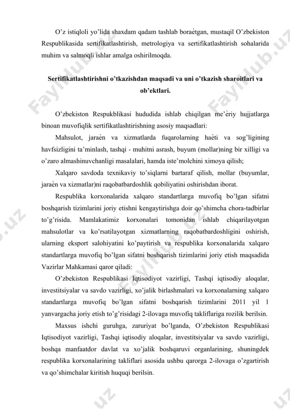 arining takliflari asosida ushbu qarorga 2-ilovaga o’zgartirish va qo’shimchalar kiritish huquqi berilsin. "o’zbekiston texnik jixatdan tartibga solish" agentligi qoraqalpog’iston respublikasi vazirlar kengashi, viloyatlar va toshkent shahar hokimliklari bilan birgalikda ikki oy muddatda ko’rsatilgan korxonalar faoliyatini tahlil qilish asosida 2011 yil 1 yanvargacha xalqaro standartlarga muvofiq bo’lgan sifatni boshqarish tizimlarini joriy etish istiqboliga ega bo’lgan korxonalarning aniq ro’yxatini tasdiqlash uchun sifatni boshqarish tizimlarini joriy etishni muvofiqlashtirish bo’yicha maxsus ishchi guruhga kiritsin. qoraqalpog’iston respublikasi vazirlar kengashi, viloyatlar va toshkent shahar hokimliklari maxsus ishchi guruhning ular yuzasidan ijobiy qarorlari qabul qilingan mintaqaviy korxonalar bo’yicha xalqaro standartlarga muvofiq bo’lgan sifatni boshqarish tizimlarini bosqichmabosqich ishlab chiqish, joriy etish va sertifikatlashtirishga doir mintaqaviy tadbirlarni tasdiqlasinlar. vazirlar mahkamasi komplekslari: ikki hafta muddatda ushbu qarorga 2ilovaga kiritilgan korxonalar bo’yicha xalqaro standartlarga muvofiq bo’lgan sifatni boshqarish tizimlarini bosqichma-bosqich ishlab chiqish, joriy etish va sertifikatlashtirishga doir tarmoq tadbirlarini tasdiqlasinlar; xalqaro standartlarga muvofiq bo’lgan sifatni boshqarish tizimlarini joriy etish va sertifikatlashtirish …