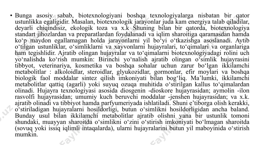 arni o‘sish faolligini namoyon qilishga to‘g‘ri kelmaydigan hujayra va to‘qimalaridan foydalanilgan. iii-bosqich (1922-1932 yillar). bu davrda bir-birlari bilan bog‘liq bo‘lmagan holda amerikalik olim v.robins va nemis olimi kotte qattiq ozuqa muhitida pomidori va makkajo‘xori ildizi uchidagi meristemalarni o‘stirish mumkin ekanligini namoyish qilganlar. ammo, ma’lum vaqt o‘tgach, o‘simlik to‘qimalari qo‘ng‘ir rangga kirib, xalok bo‘lganlar. o‘simliklarni to‘qimalarini o‘stirish metodini rivojlanishi-1932 yildan boshlangan. iv-bosqich (1932-1940 yillar), fransuz olimi r.gotre nomi bilan bog‘liq. u, in vitro sharoitida o‘simlik to‘qimalarini vaqti-vaqti bilan toza ozuqa muhitiga ko‘chirib turish orqali uzoq vaqt o‘stirish mumkinligini namoyish qilgan. bu yangilik, to‘qimalar texnologiyasini rivojlanishiga katta xissa qo‘shdi va o‘stirishga qo‘yiladigan o‘simliklar soni juda ham kupaydi. v-bosqich (1940 –1960 yillar). 1955 yilda yangi sinfga mansub fitogormon–sitokininlarni ixtiro qilinishi, (xususan kinetinni) hujayralarni bo‘linishini kuchaytirish imkonini yaratadi. o‘sishni kuchaytiruvchi moddalarni miqdori va ularni nisbatiga qarab, eksplant hujayrasini bo‘linishini kuchaytirish, kallus to‘qimalarni o‘sishini muhoxaza qilish, morfogenezni qilish mumkin ekanligi namoyish etildi. shu davrda kakos …