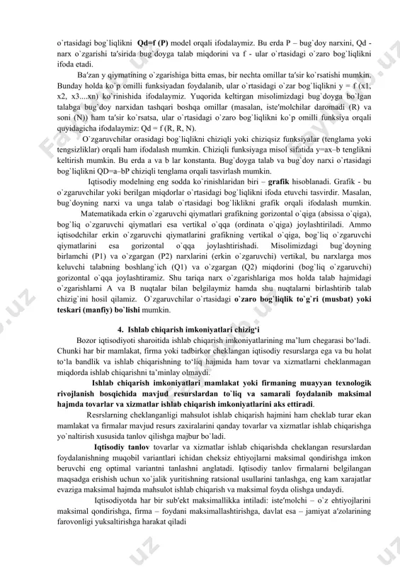 neʼmatlarning oldi-sotdisi, ularning narxlari toʼgʼrisida tasavvurga ega boʼlishga, ularning kelajakda nisbatan noyobligi toʼgʼrisida axborot beradi. isteʼmolchilar va ishlab chiqaruvchilar bunday narx axborotlariga koʼra, oʼzlarining joriy xoʼjalik rejalarini qayta koʼrib chiqadilar va oʼzlarining iqtisodiy harakatlarini tartibga soladilar. mikroiqtisodiyotning ahamiyati alohida tadbirkorlar, korxonalar, uy xo`jaliklari, oddiy fuqarolar faoliyatida zarur. amalda bizning asosiy maqsadlarimizdan biri xo`jalikka oid qarorlarga kelinganda qanday qilib mikroiqtisodiyot tamoyillari qo`llanishini ko`rsatishdan iboratdir. mikroiqtisodiyotning amalda qo`llanishini ko`rsatuvchi jahon amaliyotida yuz bergan misolni keltiramiz. korporatsiya darajasida bir qarorga kelish. 1985 yilning oxirida «ford» oldingi g’ildiraklari tortadigan va samarali aerodinamik shaklga ega bo`lgan «tauras» nomli yangi avtomobil modelini bozorga taqdim etdi. mashina kata muvaffaqiyatga ega bo`ldi va 1987 yilga kelib «ford» foydasini deyarli 2 marta ko`paytirdi. bu mashinaning dizayni va samarali ishlab chiqarilishi muhandislik tafakkurining eng yangi yutuqlarini qo`llash bilan bog’liq edi, u ancha-muncha iqtisodiy masalalarga ham daxldor bo`ldi. firma menejerlari yangi dizayn xaridorlar tomonidan naqadar ma’qullanishini tushunib yetishlari kerak edi. iste’molchilarni …