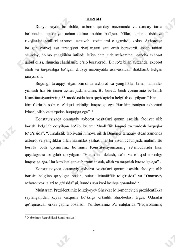 hi belgilab qo‘yilgan bo‘lib, bular: “mualliflik huquqi va turdosh huquqlar to‘g‘risida”, “jurnalistik faoliyatni himoya qilish bugungi taraqqiy etgan zamonda axborot va yangiliklar bilan hamnafas yashash har bir inson uchun juda muhim. bu borada bosh qomusimiz bo‘lmish konstitutsiyamizning 33-moddasida ham quyidagicha belgilab qo‘yilgan: “har kim fikrlash, so‘z va e’tiqod erkinligi huquqiga ega. har kim istalgan axborotni izlash, olish va tarqatish huquqiga ega” . konstitutsiyada ommaviy axborot vositalari qonun asosida faoliyat olib borishi belgilab qo‘yilgan bo‘lib, bular: “mualliflik to‘g‘risida” va “ommaviy axborot vositalari to‘g‘risida” gi, hamda shu kabi boshqa qonunlardir. muhtaram prezidentimiz mirziyoyev shavkat miromonovich prezidentlikka saylanganidan keyin xalqimiz ko‘ksiga erkinlik shabbodasi tegdi. odamlar qo‘rqmasdan erkin gapira boshladi. yurtboshimiz o‘z nutqlarida “fuqarolarning fikr, so‘z va e’tiqod erkinligiga doir konstitutsiyaviy huquqlarini ta’minlash rivojlangan demokratik davlat va kuchli fuqarolik jamiyatini barpo etishning muhim shartidir”, - deya ta’kidlab o‘tdilar. va nihoyat xalqimizga biz uzoq yillardan beri orzu qilganimiz - to‘laqonli so‘z erkinligi berildi. buning natijasida …