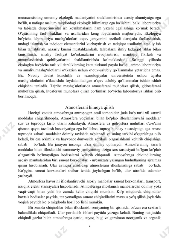 oylarida yoqish paytida ko`p miqdorda hosil bo`lishi mumkin. bir zumda chiqindilar bilan ifloslanish soniyaning bir qismida, ba'zan esa sezilarli balandlikda chiqariladi. ular portlatish ishlari paytida yuzaga keladi. buning natijasida chiqindi gazlar bilan atmosferaga qattiq, suyuq, bug' va gazsimon noorganik va organik moddalar kiradi. shuning uchun ularning agregat holatiga ko'ra ifloslanish qattiq, suyuq, gazsimon va aralashga bo'linadi. to'xtatilgan qattiq yoki suyuq zarrachalarni o'z ichiga olgan sanoat chiqindi gazlari(chang, tutun, tuman) ikki fazali tizimlardir. chiqindi gazlarni kamaytirish va nazorat qilishni tashkil etish bo'yicha ham tasniflanadi - uyushgan va tashkillashtirilmagan; harorat bo'yicha - issiq (gaz-chang aralashmasining harorati havo haroratidan yuqori) va sovuq; tozalash xususiyatlariga ko'ra - tozalashsiz (uyushgan va tashkillashtirilmagan) va tozalashdan keyin (uyushgan holda) tashlanganlar. uyushtirilgan sanoat chiqindilari deb - bu maxsus qurilgan mo'rilar, havo kanallari va quvurlar orqali atmosferaga chiqariladigan chiqindilarga aytiladi. uyushmagan chiqindilar - uskunaning mahkamligini buzish, mahsulotni yuklash, tushirish va saqlash joylarida gazni nazorat qilish uskunasining yo'qligi yoki qoniqarsiz …