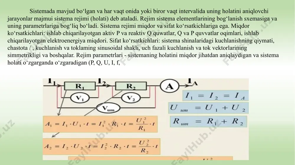 dastlabki elektromagnit holati va elektr mashinalarning aylanish chastotasi buzilishi bilan kuzatiladi, ya'ni umuman o'tkinchi jarayonlar oʻzaro bog'langan elektromagnit va mexanik parametlar o'zgarishi bilan xarakterlanadi. biroq ma'lum shartlarda o'tkinchi jarayonlarning faqat clektromagnit o'zgarishlarini inobatga olgan holda ko'rish mumkin. masalan, qisqa tutashuvlar generatorlardan ancha uzoq masofada joylashgan nuqtalarda sodir bo'lsa, o'tkinchi jarayonni faqat elek- tromagnit jarayon deb ko'rish mumkin. demak elektromagnit o'tkinchi jarayonlarda elektr sistema ele- mentlarining elektromagnit holati oʻzgaradi. bu yerda faqat tok va kuchlanishlar o'zgarishi ko'riladi, ya'ni rejimning mexanik parametrlari (masalan, sinxron generator rotorlarini aylanish tezligi) o'zgarmas deb faraz qilinadi. elektromagnit o'tkinchi jarayon 50 150 1/s tezlikda o'tadi [1,3,4,11]. elektromagnit o'tkinchi jarayon quyidagi hollarda hosil bo'ladi: - motorli va boshqa agregatlami yoqish va o‘chirish natijasida; - qisqa tutashish (qt) va oddiy tutashishlar natijasida; - mahalliy nosimmetxiyada; - qo‘zg‘atishni tezlashtirish, qo‘zg‘atishni boshqarish, maydonni o'chirish avtomatlarini ishlash va h.k. natijalarida; - sinxron mashinalami (sm) nosinxron yoqilishida. barcha elektromagnit o‘tkinchi jarayonlardan eng ko‘p …