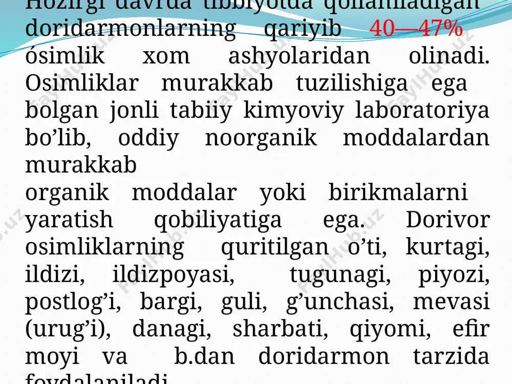 olib, ularning hammasi ham tarkibi jihatdan juda foydali hisoblanadi. ularning tarkibida efir moylari, alkaloidlar, karotinlar flavanoidlar, kumarinlar va bacha turdagi vitaminlar mavjud. kovrak-ferula osimligi ziradoshlar oilasiga mansub, kop yillik osimlik.yer yuzida bu osimlikning 160dan ziyod turi tarqalgan. boyi 1 metrga yetadigon, poyasi tik, yog„on, ichi kovak, yuqori qismi shoxlangan. ildizoldi bargali bandli, 3 bolakli, poyadagilari maydaroq, poyada ketma-ket joylashgan. gullari soyabon to„pgulda joylashgan. kovrak monokarp osimlik bolib, 7-8 yilda bir marotaba gullab, urug beradi kovrak ildizi tarkibida havoda qotib qoladigon asafetida va efir moylari saqlaydi. asfetidaning tarkibidan ferfulat kislota, qatron spirtlar, kumarinlar ajratib olingan. efir moyidan esa sulfidlar, kumarin va boshqa moddalar borligi aniqlangan. ildiz tarkibida kraxmal ham bor. kovrak ildizidan olingan yelimdan asab sistemasi kasalliklarida opkadagi shamollash astma, kok yotal, sil, zaxm kasalliklarida foydalaniladi. kovrakdan tayyorlangan galen pereparatlari esa arterial bosimni pasaytiradi, kapillyar qon tomirlari mortligini bartaraf etadi. ildizidan tayyorlangan damlama har qanday og„riqni qoldirish xususiyatiga ega. hozirgi kunda …