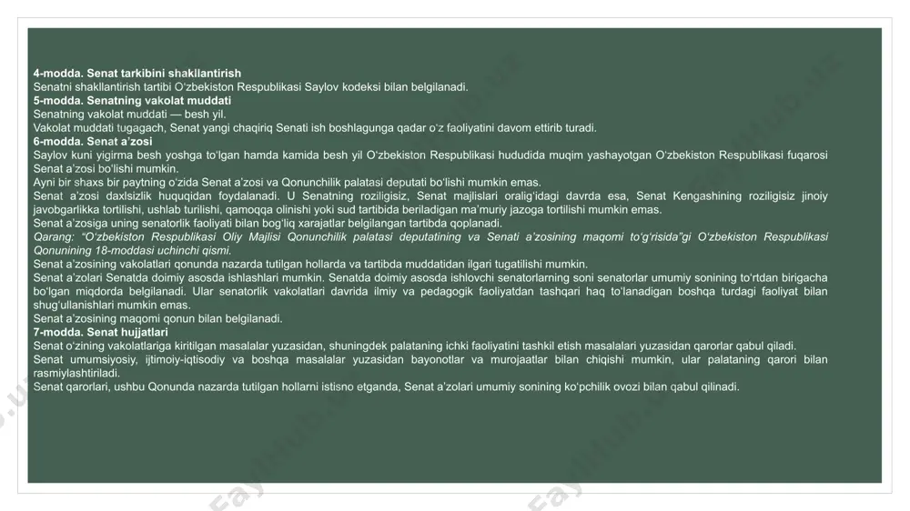 1/666/0032-son) 12) davlat mukofotlari va unvonlarini ta’sis etish; 13) o‘zbekiston respublikasi prezidentining vazirliklar, davlat qo‘mitalari va boshqa davlat boshqaruv organlarini tuzish hamda tugatish to‘g‘risidagi farmonlarini tasdiqlash; 14) o‘zbekiston respublikasi markaziy saylov komissiyasini tuzish; 15) o‘zbekiston respublikasi prezidentining taqdimiga binoan o‘zbekiston respublikasi bosh vaziri nomzodini ko‘rib chiqish va tasdiqlash, shuningdek mamlakat ijtimoiy-iqtisodiy rivojlanishining dolzarb masalalari yuzasidan bosh vazirning hisobotlarini eshitish va muhokama qilish; o‘zbekiston respublikasi vazirlar mahkamasining a’zolari o‘zbekiston respublikasi bosh vazirining o‘zbekiston respublikasi oliy majlisining qonunchilik palatasi ma’qullaganidan keyin kiritilgan taqdimiga binoan o‘zbekiston respublikasi prezidenti tomonidan tasdiqlanadi; (8-moddaning birinchi qismi 15-bandi ikkinchi xatboshisi o‘zbekiston respublikasining 2019-yil 5-martdagi o‘rq-527-sonli qonuni tahririda — qonun hujjatlari ma’lumotlari milliy bazasi, 06.03.2019-y., 03/19/527/2706-son — 2019-yil 1-apreldan kuchga kiradi) 16) o‘zbekiston respublikasi oliy majlisining inson huquqlari bo‘yicha vakili va uning o‘rinbosarini saylash; 17) o‘zbekiston respublikasi hisob palatasining hisobotini ko‘rib chiqish; 18) o‘zbekiston respublikasi prezidentining o‘zbekiston respublikasiga hujum qilinganda yoki tajovuzdan bir-birini mudofaa qilish yuzasidan tuzilgan shartnoma …