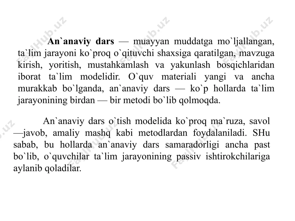 unchalarini va o`quv maqsadlarini jamlash. an`anaviy ta`lim metodlari quyidagi afzalliklarga ega: ma`lum ko`nikmalarga ega bo`lgan va aniq ma`lum tushunchalarni, fanni o`rganishda foydali ekanligi. bu an`anaviy ta`limda ilmiylik tamoyilining amal qilayotganligi va o`quvchida tizimli bilimlarning hosil bo`layotganligidir. o`qituvchi tomonidan o`qitish jarayonini va o`qitish muhitini yuqori darajada nazorat qilinishi, ta`limning tarbiyaviy xarakterini ifodalaydi. bunda talabalar sust ishtirok etsalar ham, dars mashg`ulotida ular yuqori intizom na`munalari ko`rsatadilar. vaqtdan unumli foydalanish natijasida barcha mashg`ulot bosqichlarining to`liq amalga oshishi va vaqt taqsimotining izchillik bilan namoyon bo`lishi kuzatiladi an`anaviy ta`lim metodlari bugungi kunda qator kamchiliklarga ham egaki, bu o`quv jarayonida noan`anaviy ta`lim metodlarini qo`llash ehtiyojlarini paydo qiladi. bu kamchiliklar quyidagilardir. 1. o`quvchilar passiv ishtirokchi bo`lib qoladilar, dars mashg`uloti markazida hamda asosiy boshqaruvchilik rolida o`qituvchining turganligi bunday passivlikka olib keladi. 2. o`qituvchining to`la nazorati barcha o`quvchilar uchun motivatsiyani vujudga keltirmaydi. chunki, o`quvchilar tomonidan amalga oshirilayotgan barcha xatti-harakatlar qat`iy talab asosida sodir bo`ladi. bu o`quvchida ijodiy tashabbusni uyg`otmaydi. …