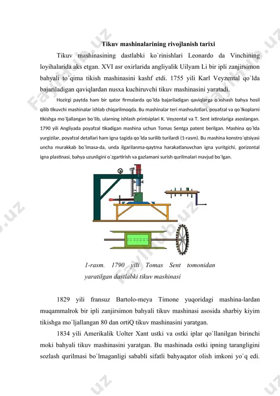 shinasi uchun patent oldi. bu mashinada gazlama vertikal tarzda suruvchi richag ildirgichlariga sanchib qo`yilar va fakat to`g`ri yunalishda surilar edi. uning bo`qik ignasi gorizontal tekislikda harakatlanar, to`quv stanogi mokisiga o`xshash mokisi esa ilgarilanma-qaytma harakatlanar edi. bulardan keyingi kashfiyotchilar tikuv mashinalarini yanada takomillashtirdilar. a.vilson (1850 yil), i.gibbs va i.zingerning (1851 yil) dastlabki mashinalarida igna vertikal harakatlanar, tepki bilan bostirib qo`yilgan gazlama esa gorizontal platformada harakatlanar edi. oldin bu mashinalarda gazlamani to`xtab-to`xtab surib turadigan tishli gildirakcha bo`lgan, keyinchalik esa uning urniga tishli reyka o`rnatilgan. xuddi shu davrda amerikalik grober va bekerlar ikki ipli zanjirsimon bahyali tikuv mashinasini yaratdilar. bu mashinada ustki ip vertikal ilgarilanma-qaytma harakatlanuvchan to`g`ri ignadan, ostki ip esa gorizontal harakatli bo`qik ignadan uzatilar edi. 1858 yili "vilkokk - jibss" firmasi aylanma harakatlanuvchan ikki ipli zanjirsimon bahyali tikuv mashinasini ishlab chiqara boshladi. shu davrdan boshlab ingliz tomas eyt, germaniyalik villi pfaff va deton nauman, shved xuskvarno va boshqalarning tikuv mashinalarini ishlab …