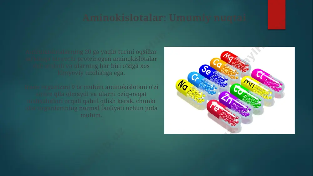 siy mexanizm orqali – karbamid sikli, glutamin sintezi va boshqa fermentativ yo'llar orqali zararsizlantiriladi. yog'da eriydigan vitaminlar k vitamini (filloxinon) qon ivish jarayonida muhim ahamiyatga ega bo'lib, ii, vii, ix va x qon ivish omillarining karboksillasha olmasligi natijasida qon ketish xavfini oshiradi, bu esa gemorragik kasalliklarga olib kelishi mumkin. d vitamini (xolekaltsiferol) kaltsiy va fosfatning ichakdan so'rilishi va suyaklarga o'tishini tartibga soladi, suyaklarning mineralizatsiyasi jarayonida 25-gidroksi-d3 va 1,25-dihidroksi-d3 metabolitlari muhim rol o'ynaydi. koenzimlarning funksiyalari koenzim a (koa) asetil guruhlarini tashishda muhim vazifani bajaradi, yog' kislotalari parchalanishi va krebs siklida ishtirok etadi. ba'zi koenzimlar, masalan, nad+ va fad, elektron tashuvchilar sifatida ishtirok etib, hujayra nafas olishida muhim rol o'ynaydi, atp sintezini ta'minlaydi. muhim gormonlar misollari insulinga o'xshash o'sish gormoni (igf-1) 70 dan ortiq aminokislotalardan tashkil topgan bo'lib, suyaklarning o'sishi va hujayralarni ta'mirlashda muhim rol o'ynaydi. tiroksin (t4) va triyodtironin (t3) qalqonsimon bez tomonidan ishlab chiqariladigan va aminokislotalar yordamida sintezlanadigan muhim gormonlar …