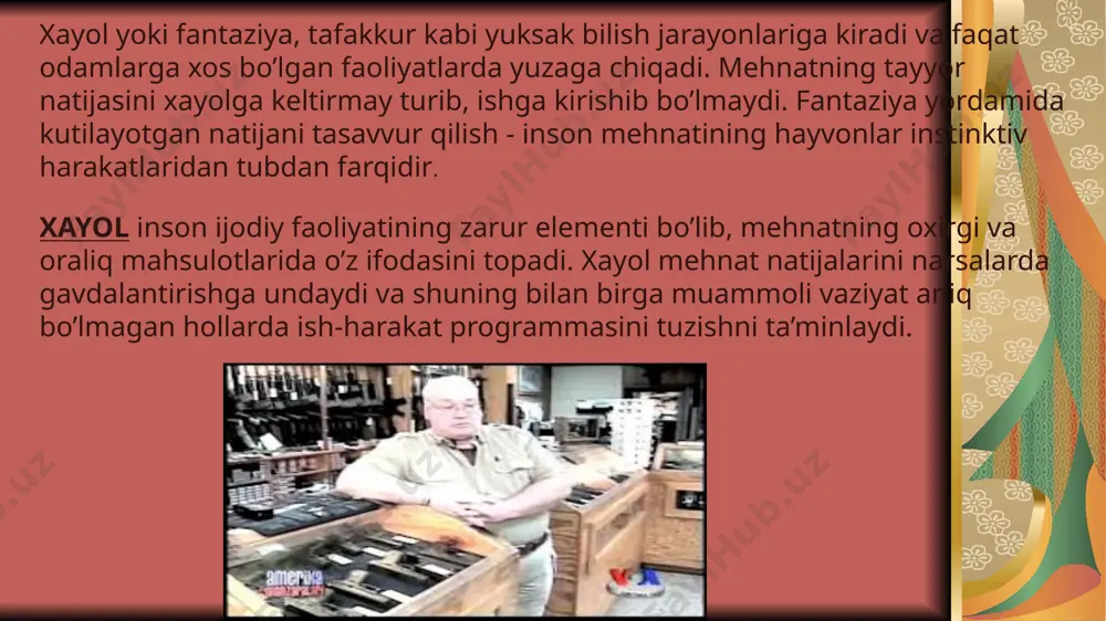 assiv xayol ixtiyorsiz ixtiyoriy ixtiyoriy ravishda yuzaga keltirilgan, lekin hayot bilan, real hayotdagi faollikka olib kelmaydigan passiv xayol turi shirin xayol deb ataladi. qandaydir quvonchli, yoqimli narsalar haqida shirin xayollarga berilish hammaga xos. passiv xayol ixtiyorsiz ravishda ham yuzaga kelishi mumkin. xayolning bu turi asosan ong faoliyatining, ikkinchi signallar tizimining susayishida, odamning vaqtinchalik harakatsizlik holatida, uyqisirash holatida, affekt holatida, uyqida (tush ko’rish), ongning kasallikka uchrab buzilishida (gallyutsinatsiyada) va shu kabilarda sodir bo’ladi. passiv xayolning aksi bo’lgan aktiv xayol ijodiy va qayta tiklovchi xayol turlariga bo’linadi. ma’lum bir asosga, yozuvlarga, chizmalarga asoslanib ularga muvofiq keladigan obrazlar tizimini yaratuvchi xayol qayta tiklovchi xayol deyiladi. ijodiy xayol qayta tiklovchi xayoldan farq qilgan holda, orginal va qimmatli moddiy mahsulotlarda amalga oshiriladigan yangi obrazlarni yaratish. xayol (fantaziya) obrazlari qanday yaratiladi? xayol jarayonlari ham idrok, xotira, tafakkur kabi analitik va sintetik xarakterga ega. analiz idrok va xotiradek ob’ektning ayrim umumiy belgilarini ajratish va saqlash hamda muhim …