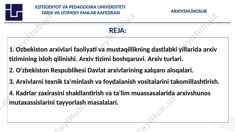 chi oliy davlat tuzilmalari faoliyati natijasida vujudga kelgan hujjutlarga egalik qilish huquqidan voz kechildi. shuningdek, har bir davlat milliy qonunlari e'tiborga olingan holda, sobiq ittifoqning davlat va boshqa turdagi arxivlari, ularda saqlanuvchi arxiv fondlarining ham har bir respublika ixtiyorida qoldirilishi tan olindi. arxivshunoslik iqtisodiyot va pedagogika universiteti tarix va ijtimoiy fanlar kafedrasi 2010-yil 15-iyunda o'zbekiston respublikasining yangi "arxiv ishi to'g'risida" gi qonuni qabul qilinishi sohada tub burilish yasalishiga zamin yaratdi. mazkur qonun bilan bugungi kunda respublikada faoliyat yuritayotgan turli mulkchilik shaklidagi tashkilot va korxonalar hujjatlarining saqloviga oid me'yorlar kiritildi. ish yuritish sohasida vakolatli organ hisoblangan “o'zarxiv” agentligi tomonidan 2008-yilda “hujjatlarni unifikatsiyalashtirish tizimi. tashkiliy- farmoyish hujjatlar tizimi. hujjatlarni rasmiylashtirishga bo’lgan talablar” to’g’risidagi o’zdst1157:2008 davlat standartlari ishlab chiqilib, amaliyotga joriy etildi arxivshunoslik iqtisodiyot va pedagogika universiteti tarix va ijtimoiy fanlar kafedrasi dastlabki bosqich 1991-2001-yillar. mazkur bosqich mustaqil o'zbekiston arxiv tizimi poydevorini barpo etish sohasida puxta va jiddiy ishlar olib borilgan davr boʻldi. …