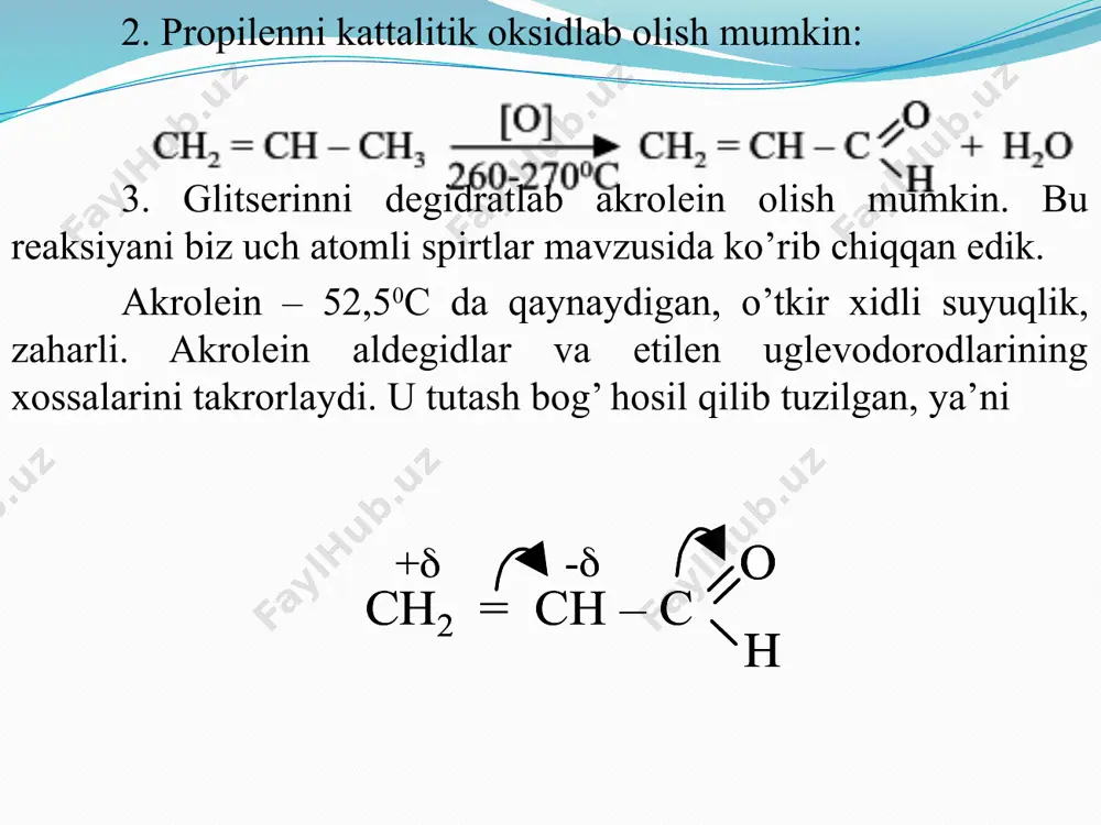 giga kirisha oladilar. ular kumush oksidi, vodorod, gidrazin, gidroksilamin, natriy bisulfit, sianid kislota va boshqalar bilan yog’ qator aldegidlari kabi reaksiyalarga kirisha oladilar. shuning bilan birga, ular uchun yog’ qator aldegidlaridan farq qiladigan hususiyatlar ham mavjuddir. quyida biz aromatik aldegidlarni yog’ qator aldegidlaridan farq qiladigan xossalari ustida to’xtalib o’tamiz. 1. oksidlanishi. aromatik aldegidlar saqlanganda havo kislorodi bilan juda oson oksidlanib tegishli kislotalarni hosil qiladilar. oksidlanish katalizatorlar ishtirokida tezlashadi. jarayon radikal zanjirli mexanizm orqali sodir bo’lib, oraliq modda sifatida gidroperoksidlar hosil bo’ladi. oraliq modda sifatida hosil bo’ladigan gidroperoksidlarni oson aniqlash mumkin. reaksiya quyidagi bosqichlar orqali boradi. oksidlanish juda oz miqdordagi ingibitorlar ta’sirida to’xtaydi. benzaldegidga 0,001% gidroxinon qo’shilsa u oksidlanmaydi. bu reaksiyani radikal zanjirli mexanizm bilan borishini isbotlaydi. 2. ammiakning birikishi. yog’ qator aldegidlaridan faqli ammiak bilan 3:2 nisbatda birikadi. benzoy aldegidi ammiak bilan gidrobenzamid hosil qiladi. gidrobenzamid qizdirilganda amaringa aylanadi: 3. aromatik aldegidlar yog’ qator aldegidlariga qaraganda qiyin polimerlanadilar. 4. aromatik …