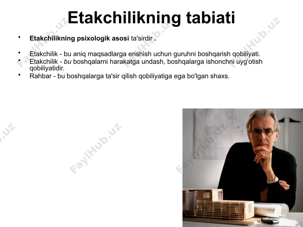 jalb qilish qobiliyati., mohirlik bilan tushuntirish va ishontirish. g'oyaga sadoqat, tavakkal qilish va mas'uliyatni o'z zimmasiga olishga tayyorlik umumiy qabul qilingan me'yorlarga zid bo'lgan noan'anaviy xatti-harakatlar, vaziyatni yaxshi his qilish, resurslarni topish qobiliyati. intellektual qobiliyatlar : aql va mantiq, idrok, ehtiyotkorlik, o'ziga xoslik, ta'lim, rivojlangan nutq qobiliyatlari (og'zaki moslashuvchanlik), qiziquvchanlik, hissiy aql . olingan ko'nikmalar hamkorlik qilish, mashhurlikka erishish, xushmuomalalik va diplomatiya, ishontirish, o'zini o'zgartirish, ishonchli bo'lish, odamlarni tushunish, tavakkal qilish qobiliyati. rahbarning hissiy intellekti hissiy intellekt - hissiyotlarda ifodalangan shaxsning ko'rinishlarini idrok etish va tushunish, hissiyotlarni intellektual jarayonlarga asoslangan holda boshqarish qobiliyati. o'zingiz va boshqa odamlar bilan munosabatlarda eng yaxshi natijaga erishish qobiliyati. hissiy intellektning asosiy komponentlari 1) his-tuyg'ularni idrok etish yoki his qilish qobiliyati (o'zining ham, boshqa odamning ham); 2) ongga yordam berish uchun his-tuyg'ularini yo'naltirish qobiliyati; 3) u yoki bu his-tuyg'u nimani ifodalashini tushunish qobiliyati; 4) his-tuyg'ularni boshqarish qobiliyati. ishdagi to'rtta ei ko'nikmalari: - his-tuyg'ularni aniqlash - …