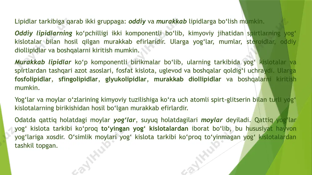 hqa kuchli qutublangan gruppani saqlaydilar. ularni tarkibiga qarab 3 sinfga bo‘lish mumkin: 1-fosfoatsilglitserinlar, 2-sfingolipidlar, 3-glikolipidlar. fosfoatsilglitserinlar va sfingolipidlar tarkibida fosfat kislota qoldiqlari bo‘lganidan ular fosfolipidlar deb ham ataladi. fosfolipidlar xujayrada faqat membranalar tarkibida bo‘lib, ularning asosiy qismini fosfotidil xolin va fosfotidil etanolamin tashkil qiladi. membrana tarkibida fosfatid kislota juda kam miqdorda uchrasa ham, bu birikma qolgan barcha fosfolipidlarning sintezida oraliq mahsulot sifatida asosiy o‘rinni egallaydi. glikolipidlar-tuzilishi jixatidan sfingolipidlarga o‘xshaydi, chunki uning tarkibida aminospirt-sfingozin, yog‘ kislotalardan ligno serinat va nervonat kislotalar qoldig‘i uchraydi. lekin ular tarkibida azot va fosfat asoslari bo‘lmasligi bilan sfingolipidlardan farq qiladi. glikolipidlarning uglevod komponentlari sifatida, ko‘pincha, galaktoza va uning hosilalari uchraydi. shuning uchun bular ham molekulasining tuzilishi jihatidan fosfolipidlarga o‘xshaydi e’tiboringiz uchun raxmat image1.jpg image2.png image3.png image4.png image5.jpeg image6.jpg image7.png image8.jpeg image9.jpeg image10.png image11.jpg