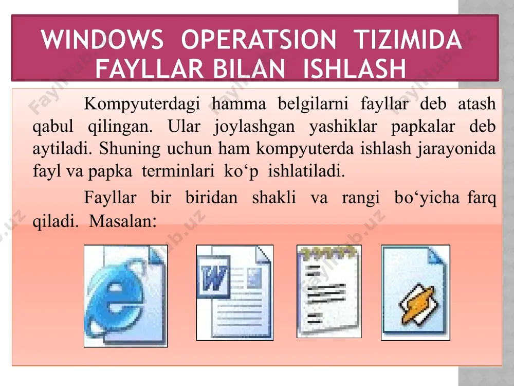 uchun xar safar "moy kompyuter", keyin "lokalniy disk d", undan keyin «muzika» papkasi va nixoyat siz sevgan musiqalar papkasini ochishga to‘g‘ri keladi. aynan kerakli fayl va papkalarni tez ochish uchun yorliqlar o‘ylab topilgan. biz ixtiyoriy papkaning yorlig‘ini ishchi stoliga o‘rnatishimiz mumkin va shu yorliq orqali papkani qayerda joylashishiga qaramasdan ochishimiz mumkin. yorliq – bu fayl, papka yoki saxifa emas balki kompyuter uchun oddiy komanda (buyruq). kompyuterdan ushbu yorliqni o‘chirsak, u murojaat qilayotgan fayl yoki papka xotiradan o‘chmaydi. agarda ushbu yorliqni fleshka yoki diskga ko‘chirib yozsak boshqa kompyuterda ochilmaydi. chunki yorliq bo‘sh joy xisoblanadi. ya’ni xotiradan joy olmaydi. oddiygina kompyuterda yorliqlar bilan ishlash qulaydir. ko‘rsatkich belgisiz yorliqlar ham mavjud. ularning yorliq yoki yorliq emasligini bilish uchun yorliq belgisi ustida sichqonchaning chap tugmasi bosiladi va "svoystva" bo‘limi tanlanadi. agarda «yarlik» zakladkasi bor bo‘lsa, demak u yorliq bo‘ladi. yorliqni yaratish va ishchi stolga joylash kerakli fayl yoki papkani yorliq sifatida ishchi stoliga joylash …