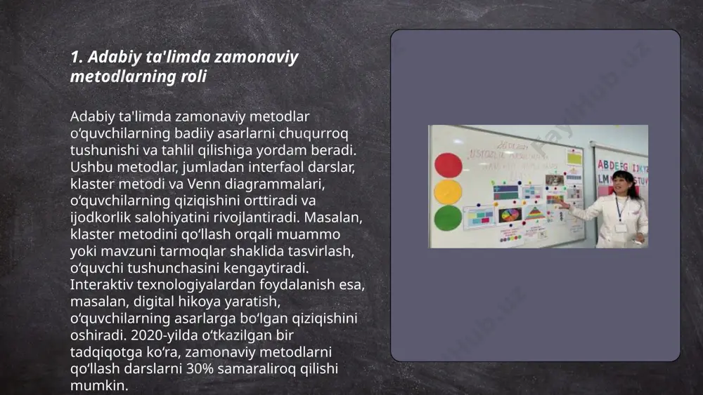 l usullari eng keng tarqalgan hisoblanadi. har bir metodika o'ziga xos qoidalar va qadamlar bilan ishlaydi. masalan, strukturalistik tahlilda asarning ichki tuzilishi va o'zaro bog'liqliklar o'rganiladi, semiotik tahlil esa belgilar va ularning ma'nolariga e'tibor qaratadi. bu usullar adabiyotshunoslarga asarlarning ko'p qatlamli ma'nolarini ochishda yordam beradi. ... t.me/slaydai_bot 6. adabiy asarlarni tanlash va ulardan o‘quv jarayonida foydalanish muhim ahamiyatga ega. asarlar o‘quvchilarning yoshiga, qiziqishlariga va bilim darajasiga mos kelishi kerak. tanlangan adabiyotlar milliy va jahon adabiyotining sara namunalaridan iborat bo‘lishi lozim. o‘quv jarayonida adabiy asarlar orqali til boyligi, mantiqiy fikrlash qobiliyati va ijodiy ko‘nikmalar rivojlantiriladi. shuningdek, adabiyot darslarida tanqidiy tafakkur shakllanadi va ruhiy-ta’limiy tarbiya beriladi. o‘quv dasturlarida asarlarni rejalashtirishda ularning mavzu, g‘oya va janr turi hisobga olinadi. o‘qituvchilar asardan kelib chiqib, muhokamalar, tadqiqot va tahlil topshiriqlarini tashkil etishlari mumkin. ... t.me/slaydai_bot 7. o'quvchilarning ijodiy fikrlash qobiliyatini rivojlantirish 7. o'quvchilarning ijodiy fikrlash qobiliyatini rivojlantirish uchun turli metodlar qo'llaniladi. 10-12 yoshdagi bolalarda ijodiy …