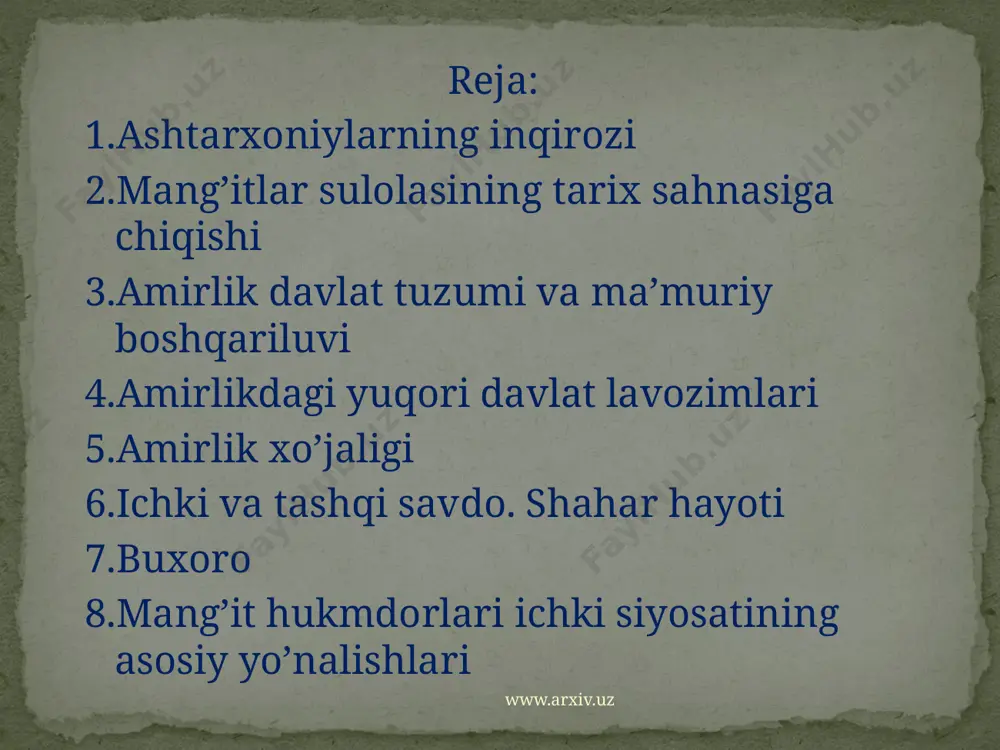 ion kishi yashardi. unga zarafshon,qashqadaryo vodiylari,surxondaryo viloyati,hozirgi tojikistondagi ayrim joylar,turkmaniston territoriyasining bir qismi kirardi. aholisining katta qismi o’zbeklar,qolganlari qozoqlar,tojiklar,qirg’izlar,oz miqdorda hindlar,lo’lilar, arablar bo’lgan.buxoro aholisining ko’p qismi asosan tojik tilida gapirishardi.buxoroda ashtarxoniy hukmdorlar davrida o’zbek mang’itlar urug’i oldinga chiqdi.buxoro amirlaridan biri abdulfayzning vaziri bo’lgan muhammad raxim xon o’z hukmdori va uning o’g’lini o’ldirib,mang’itlar orasidan chiqqan birinchi hukmdor bo’ldi.buxoroda 60 ta madrasa bo’lib bu yerda o’qish 30 yilcha davom etardi. butun programma arabcha savod va yozuvni , www.arxiv.uz www.arxiv.uz qushbegi - bosh vazir devonbegi - moliya ,xazina ishlari boshqaruvchisi ko’kaldosh - butun amirlik hududida do’stona yoki dushmanlik munosabatida bo’luvchilar haqida malumotni to’plagan mushrif - soliq tushumlarini yozib borgan mirshab - tungi shahar soqchilari boshlig’i dodxox - fuqarolarning arz va shikoyatlarini tinglovchi inoq - amir farmoyishlarini beklardan boshqa tabaqaga yetkazishdan iborat bo’lgan amirlikdagi yuqori davlat lavozimlari www.arxiv.uz miroxo’r - amir otxonasining boshlig’i dasturxonchi - amir huzurida uyushtiriladigan ziyofatlar uchun masul kitobdor - amir …